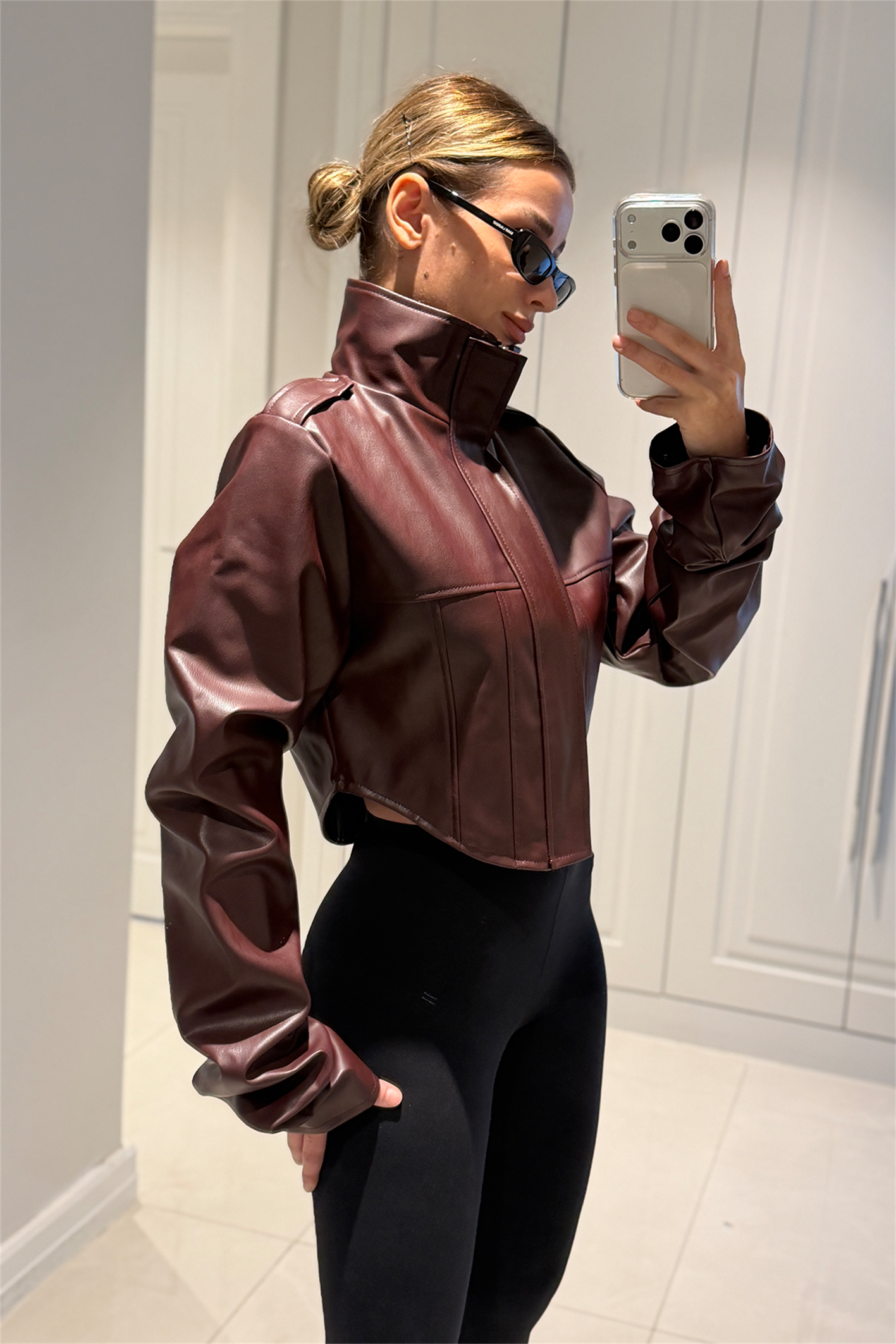 Rebecca Bordo Crop Deri Ceket