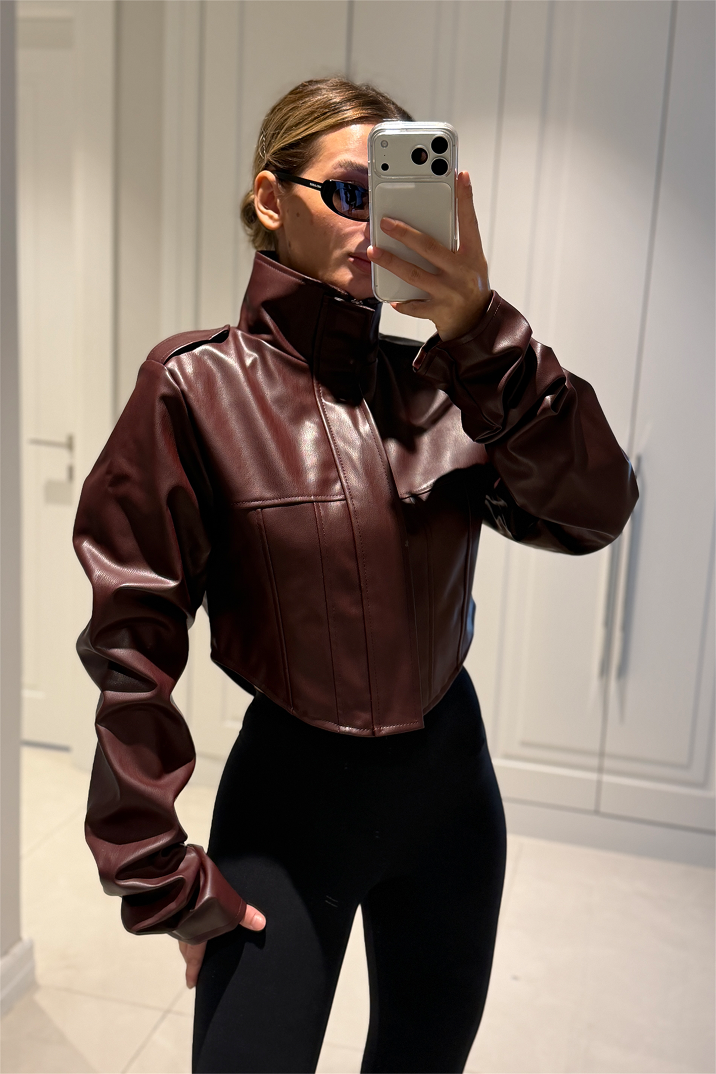 Rebecca Bordo Crop Deri Ceket