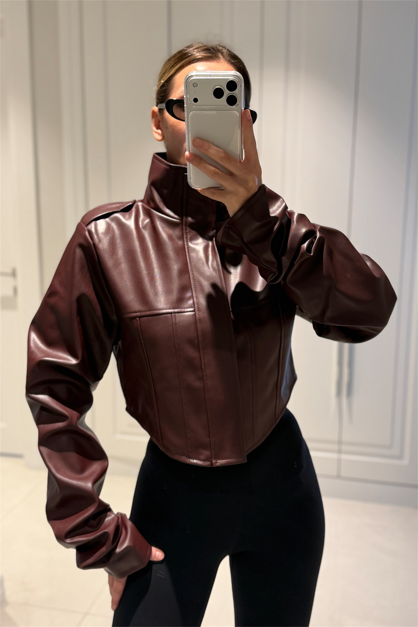 Rebecca Bordo Crop Deri Ceket