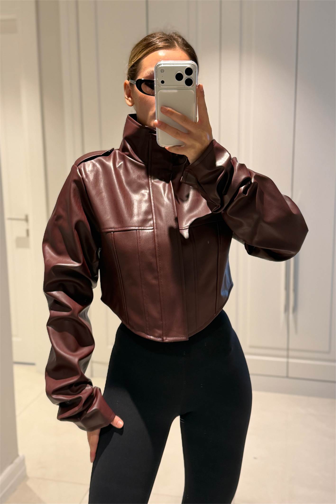 Rebecca Bordo Crop Deri Ceket