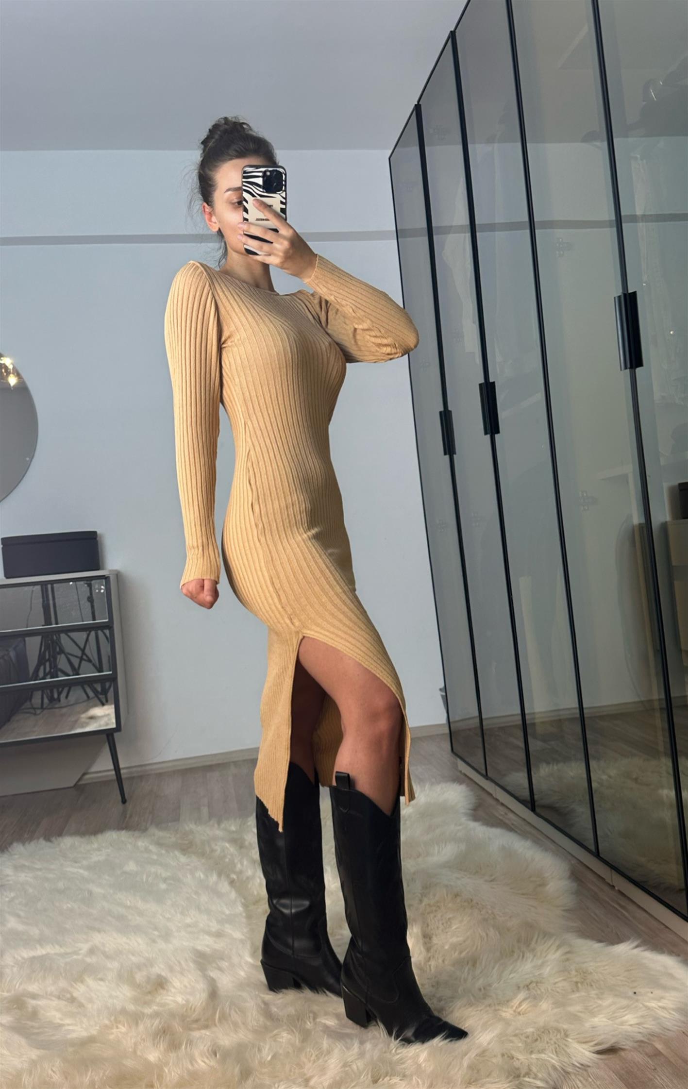 Rose Camel Midi Boy Triko Elbise