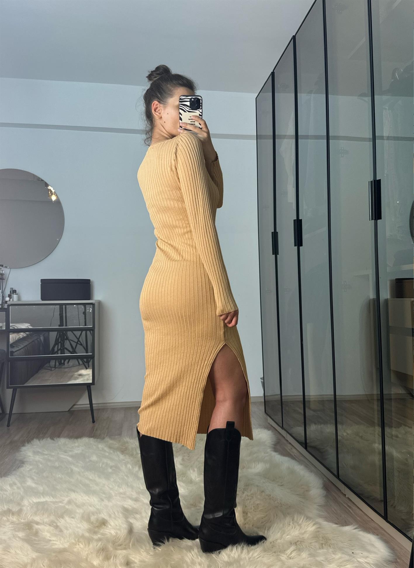 Rose Camel Midi Boy Triko Elbise