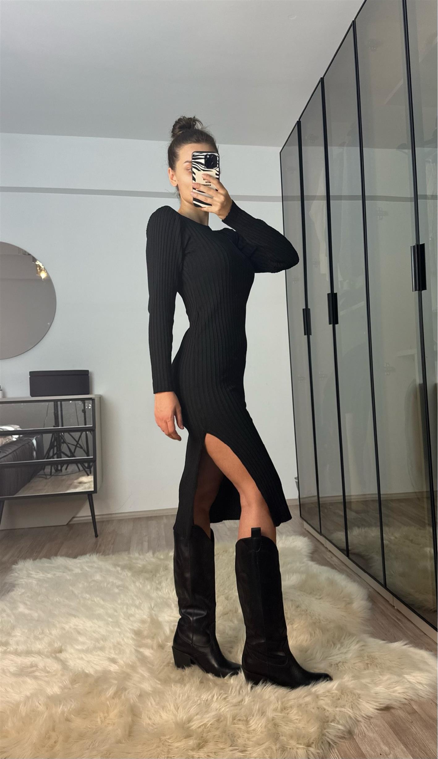 Rose Siyah Midi Boy Triko Elbise