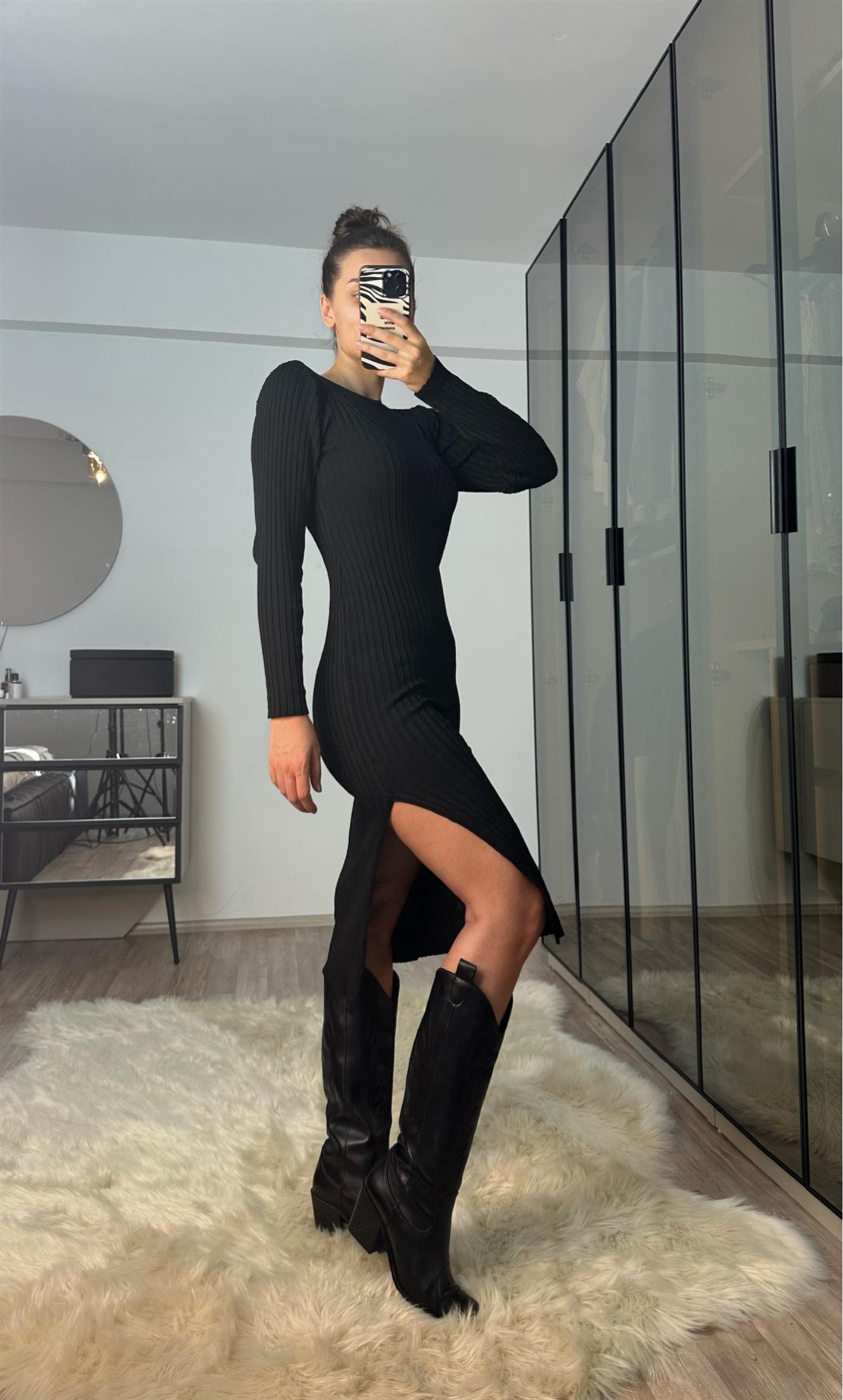 Rose Siyah Midi Boy Triko Elbise