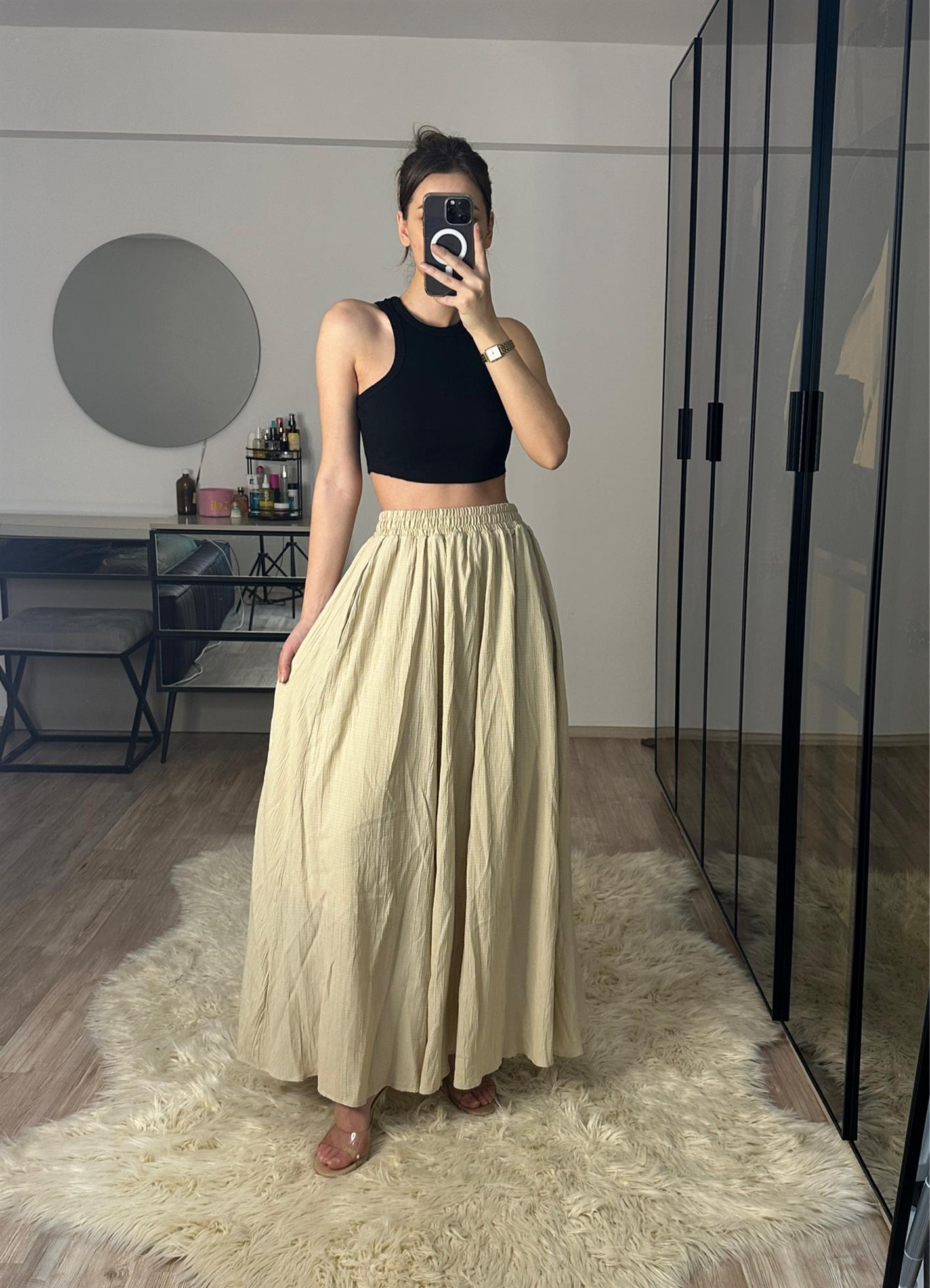 Sasha Bej Beli Lastikli Uzun Astarlı Etek