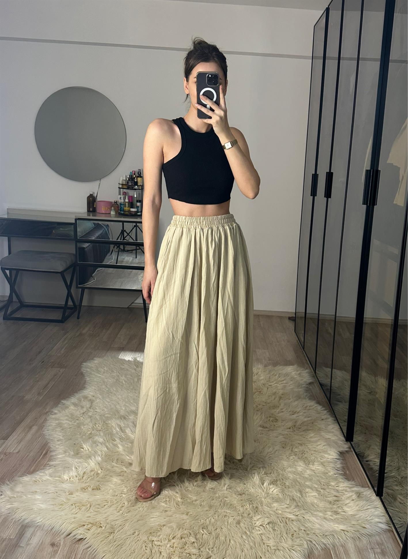 Sasha Bej Beli Lastikli Uzun Astarlı Etek