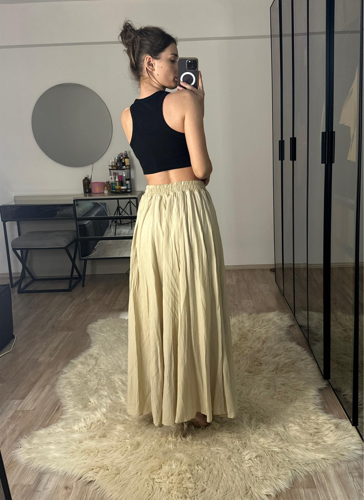 Sasha Bej Beli Lastikli Uzun Astarlı Etek