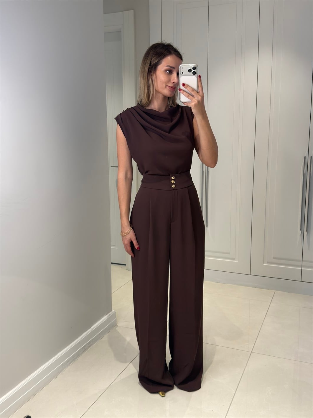 Talia Acı Kahve Düğme Detaylı Pantolon Bluz Takım