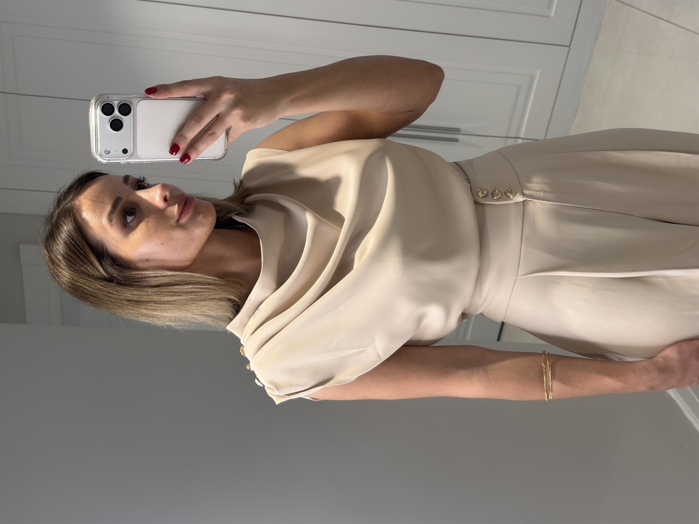 Talia Bej Düğme Detaylı Pantolon Bluz Takım