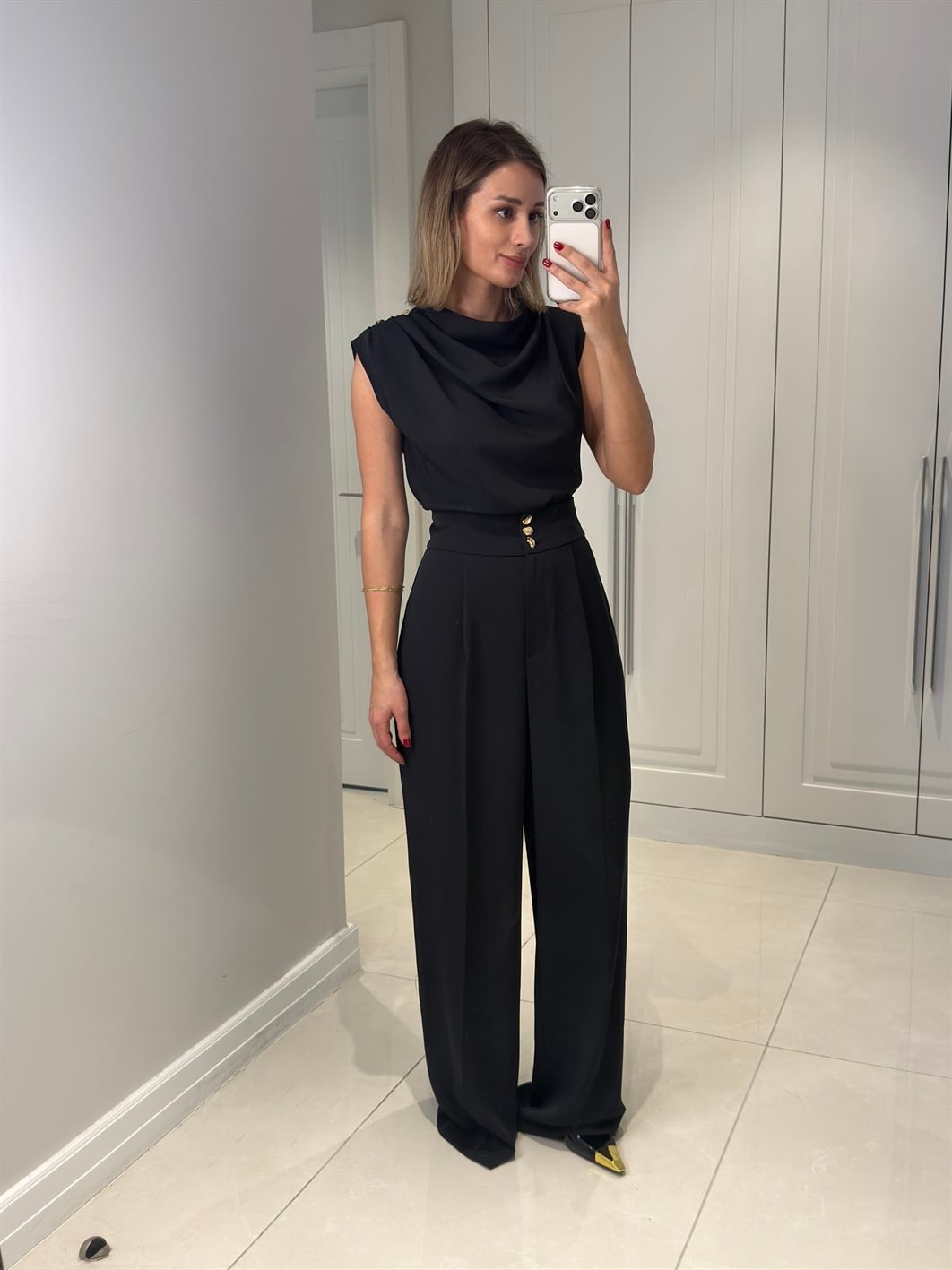 Talia Siyah Düğme Detaylı Pantolon Bluz Takım