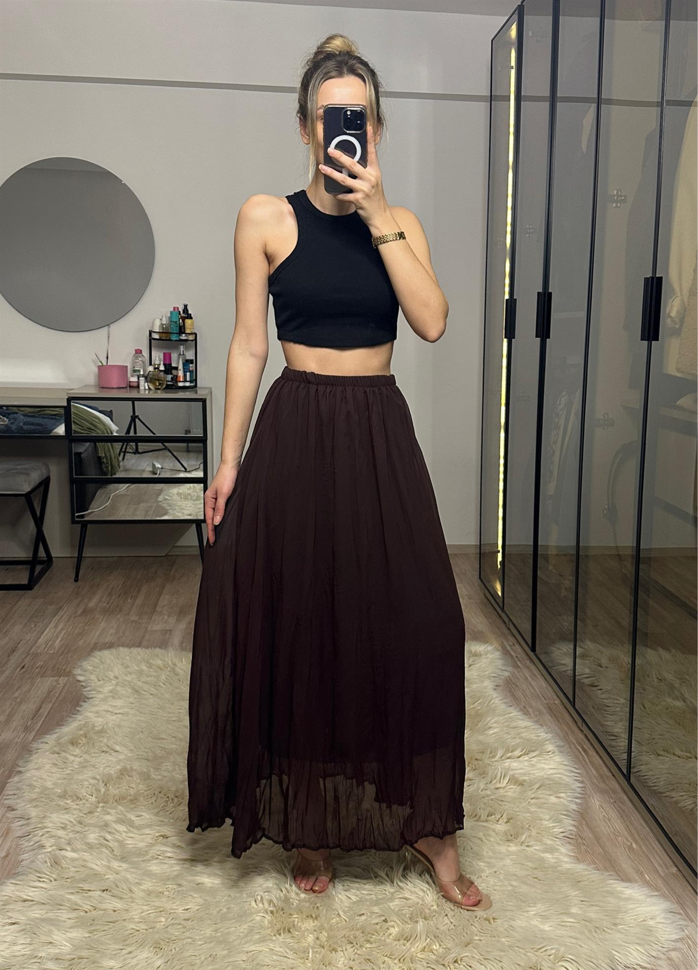 Teresa Acı Kahve Astarlı Maxi Tül Etek