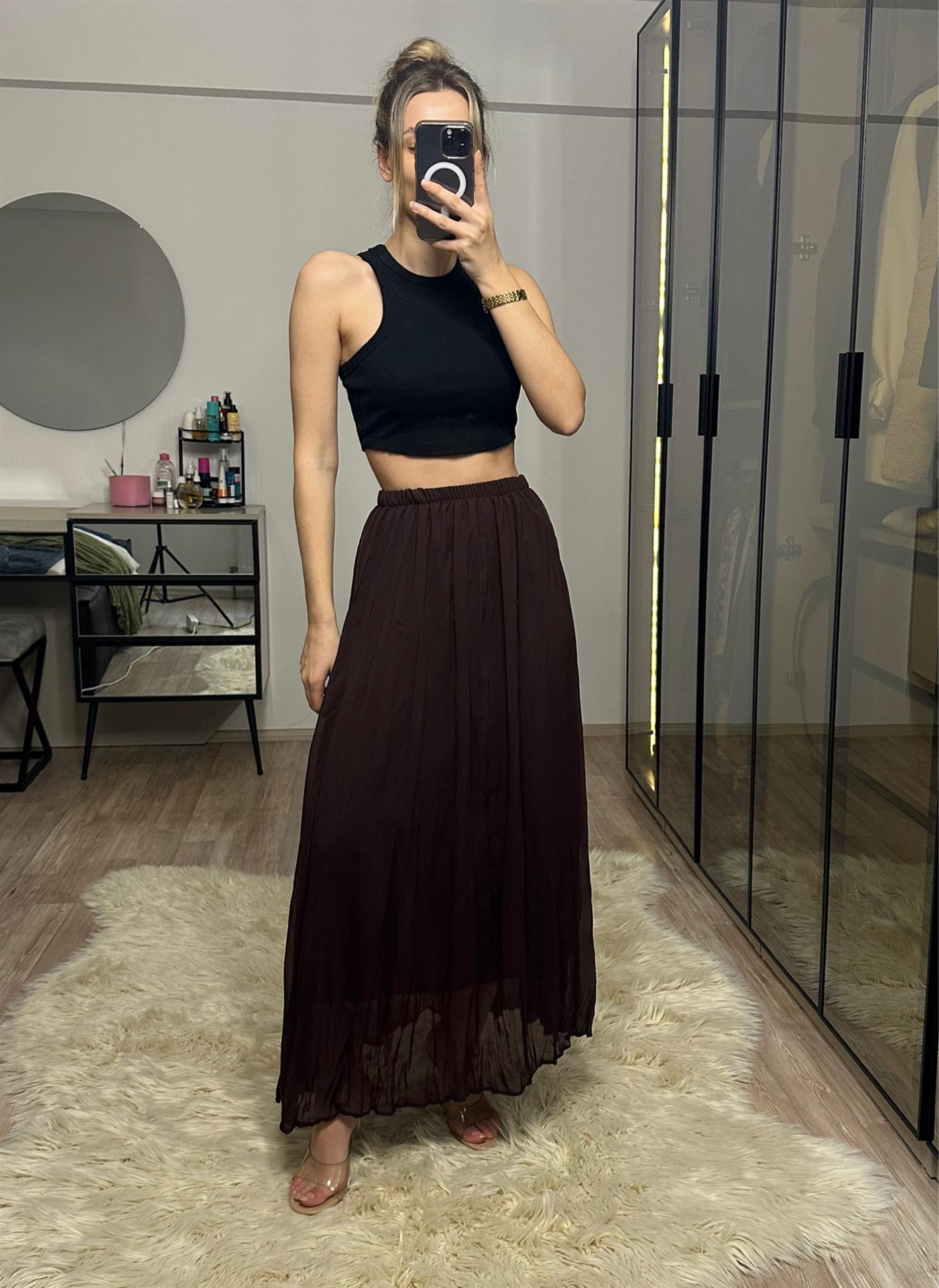 Teresa Acı Kahve Astarlı Maxi Tül Etek