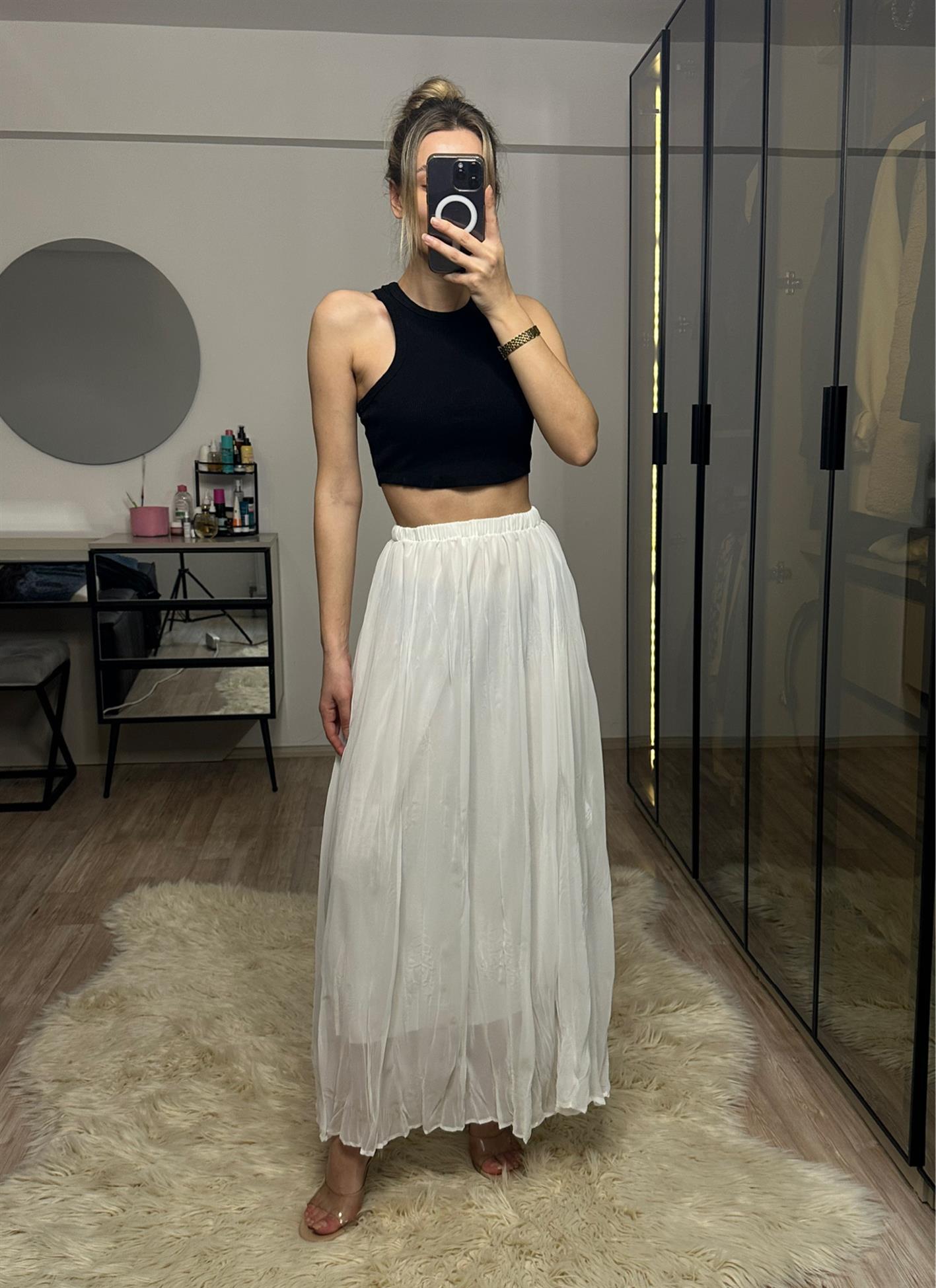 Teresa Beyaz Astarlı Maxi Tül Etek