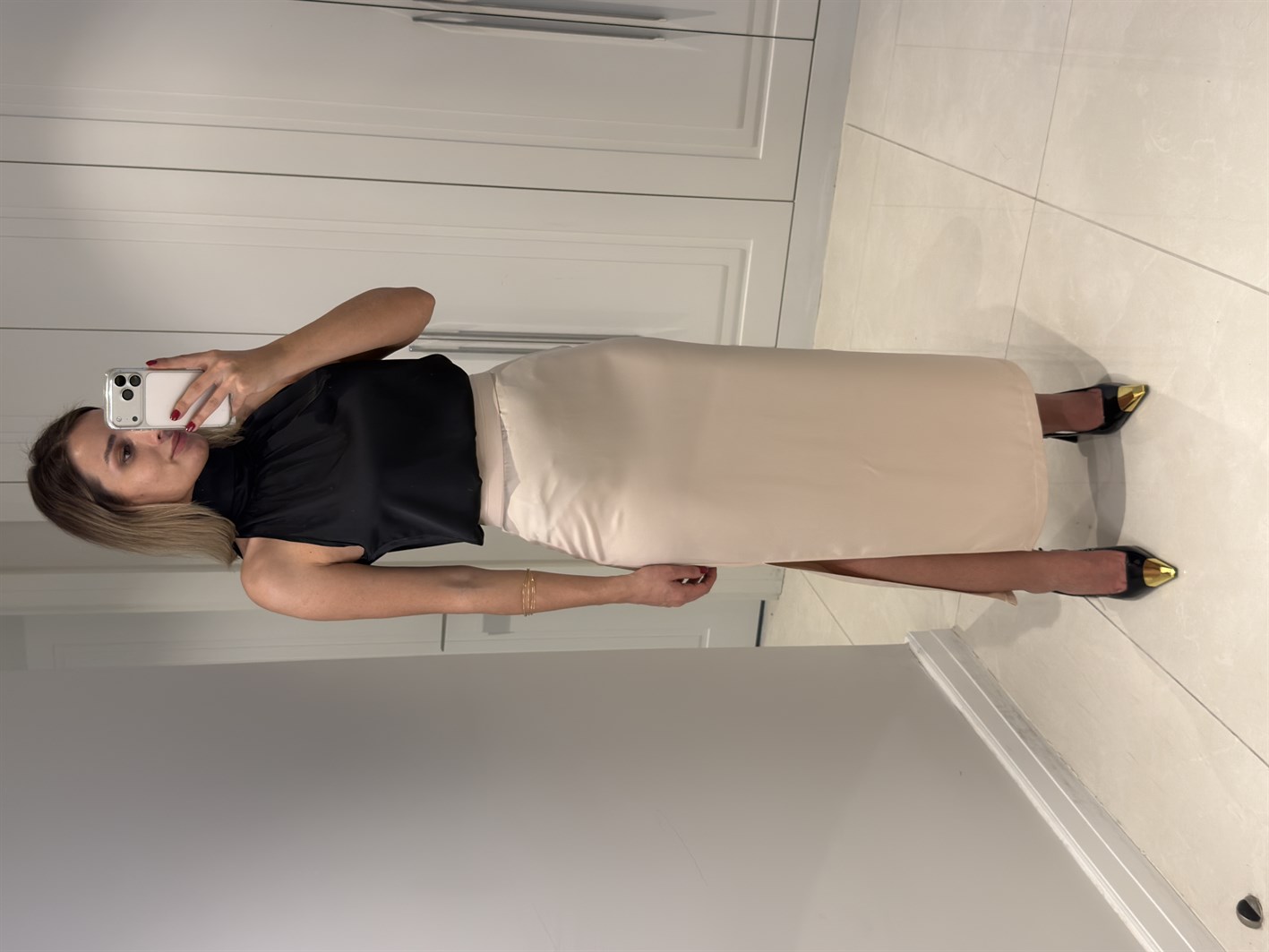 Tilda Bej Bel Pile Detaylı Saten Etek