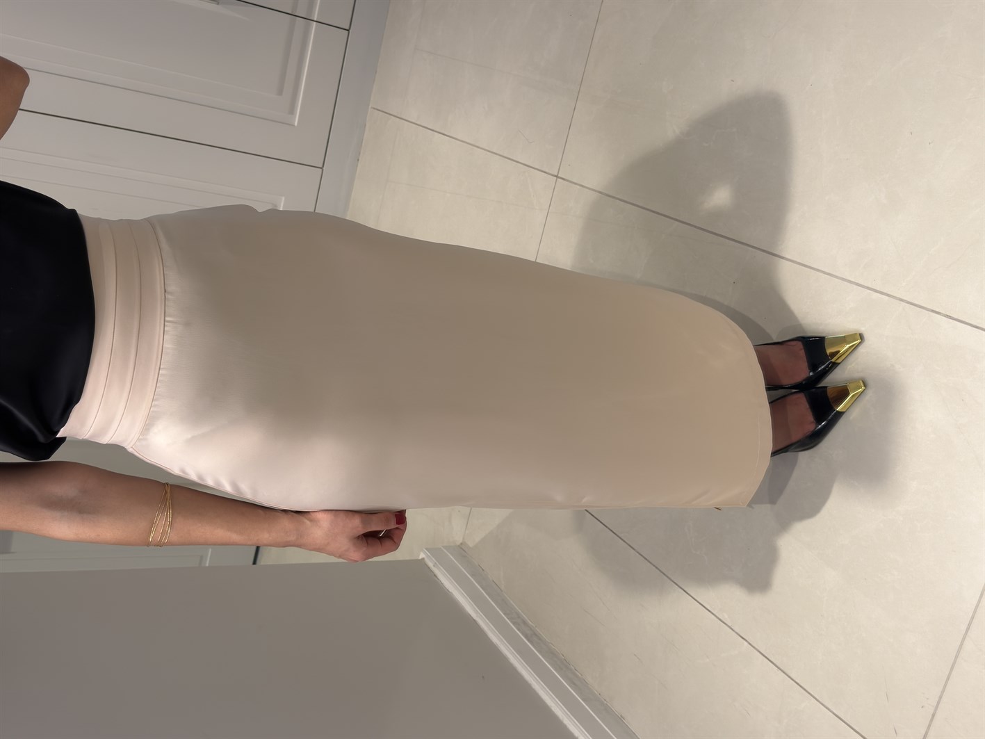 Tilda Bej Bel Pile Detaylı Saten Etek