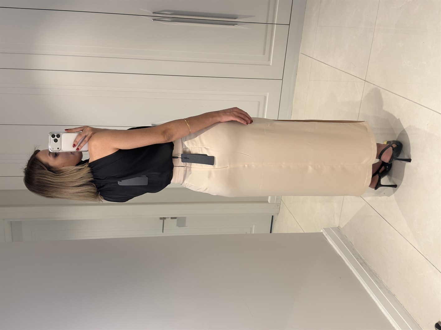 Tilda Bej Bel Pile Detaylı Saten Etek