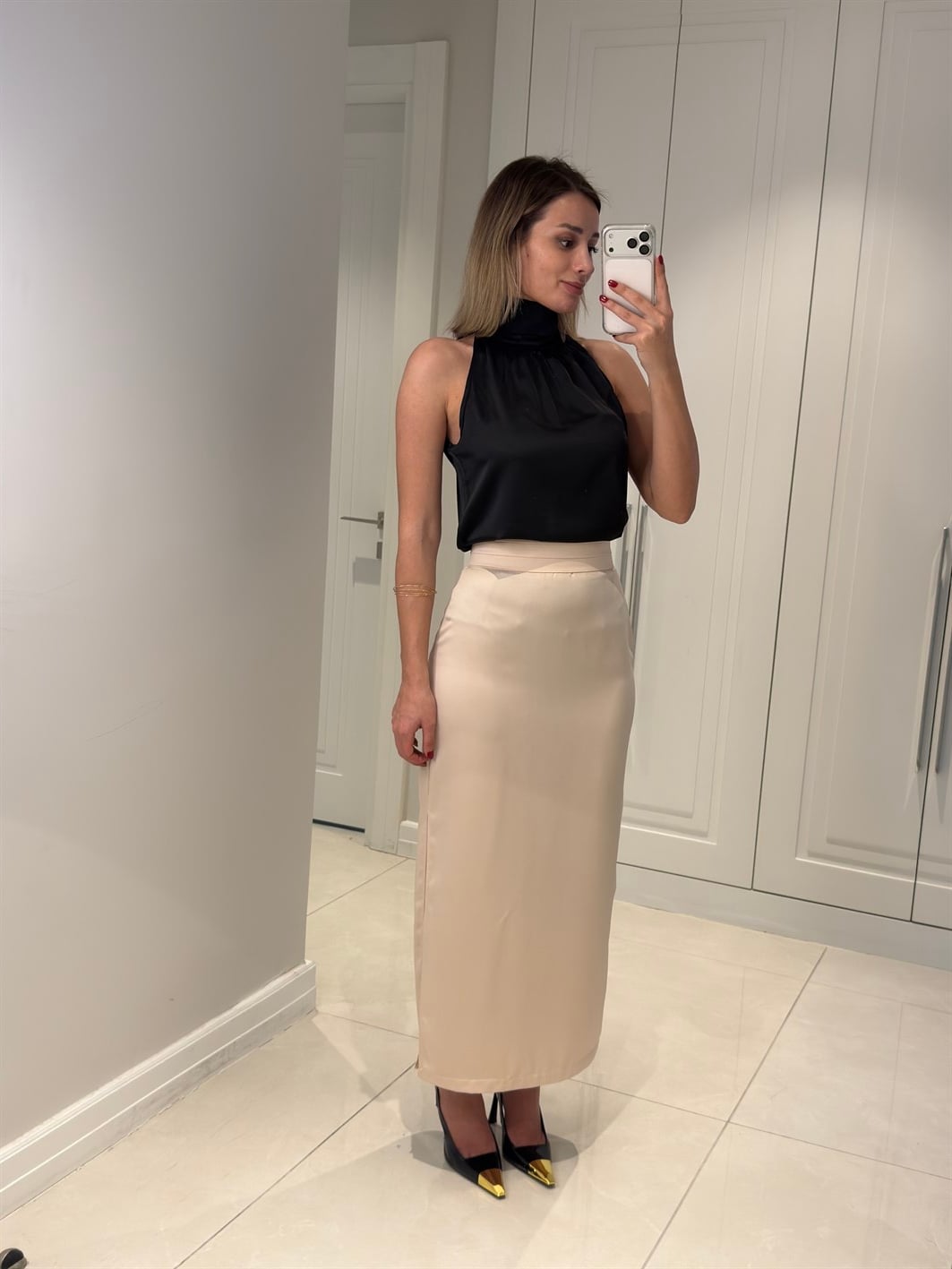 Tilda Bej Bel Pile Detaylı Saten Etek