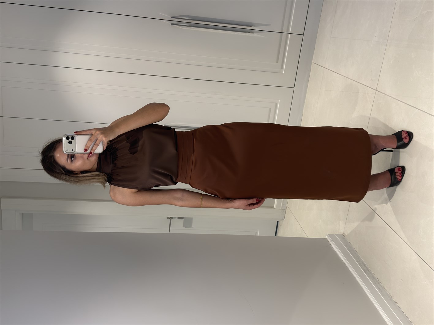 Tilda Kahve Bel Pile Detaylı Saten Etek