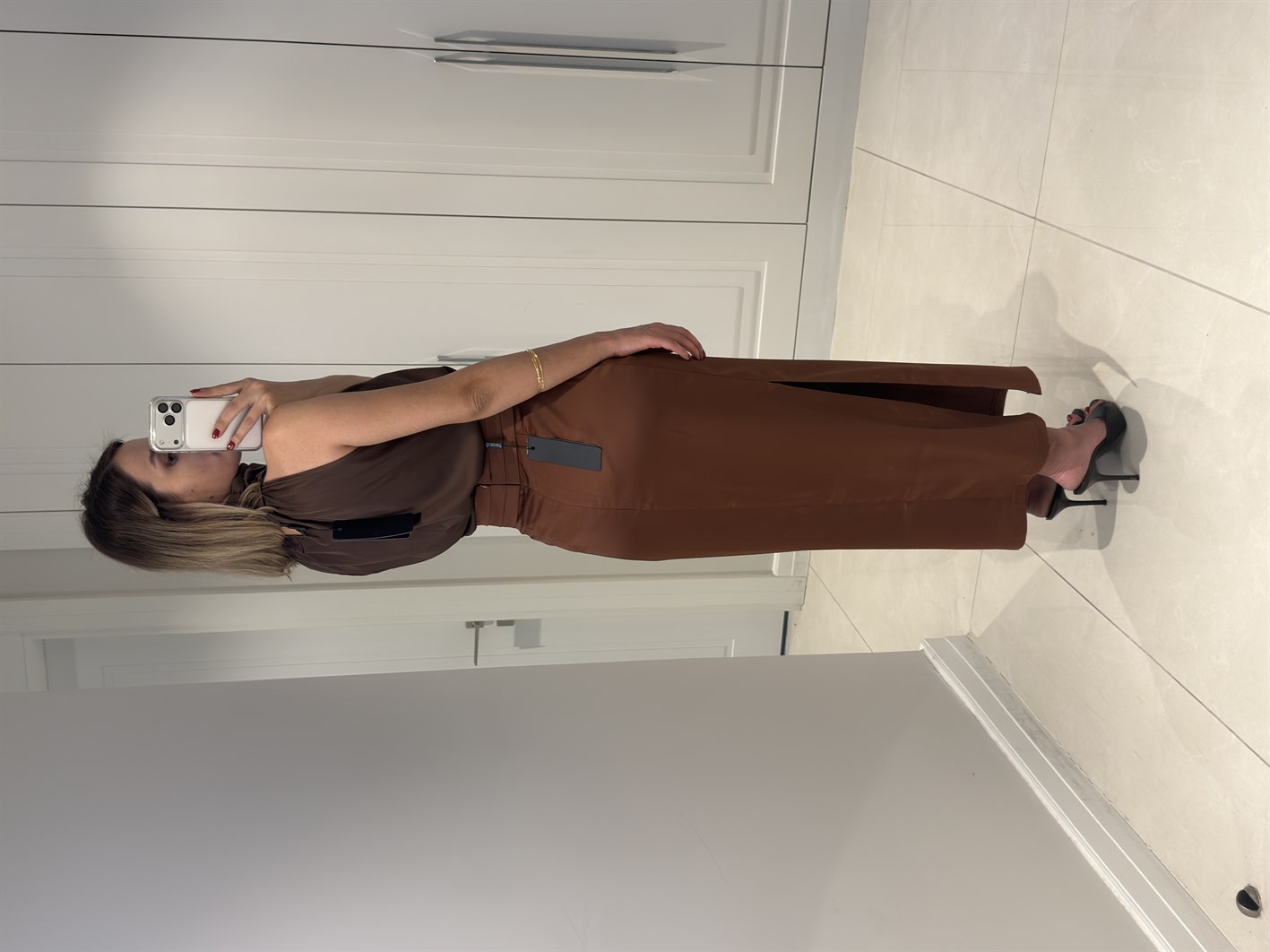 Tilda Kahve Bel Pile Detaylı Saten Etek