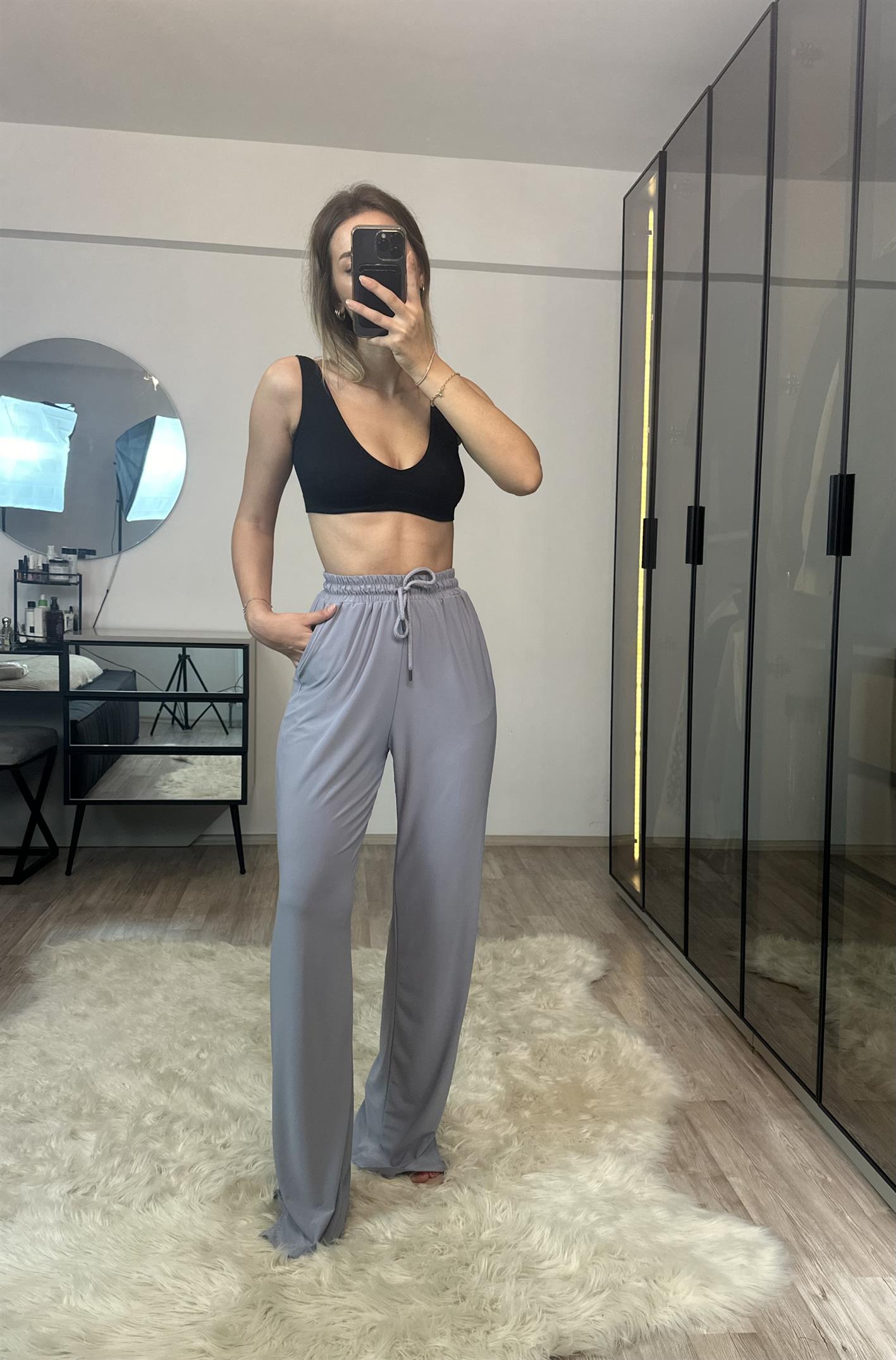 Tokyo Gri Yırtmaçlı Yüksek Bel Pantolon