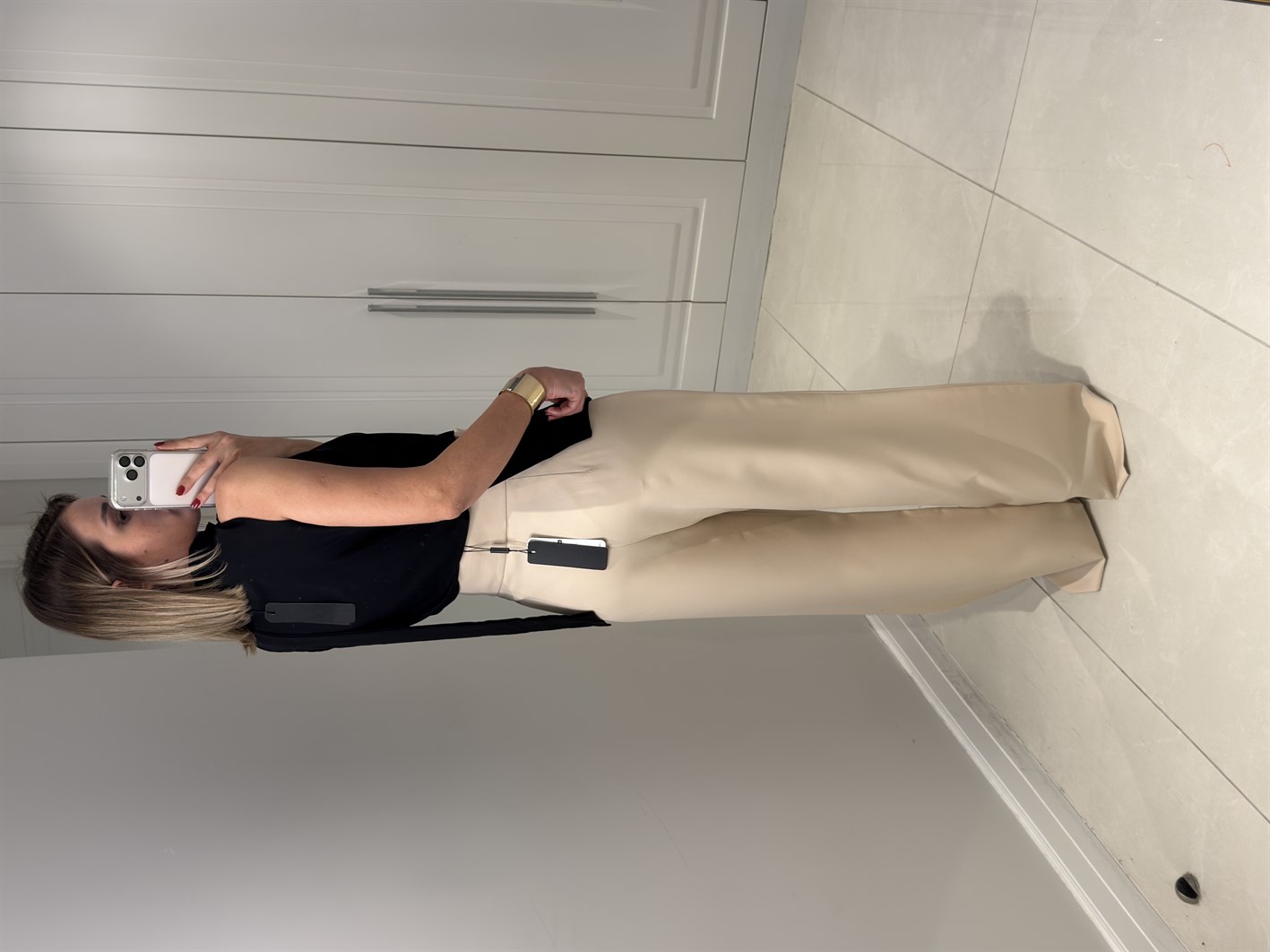 Valencia Bej Yüksek Bel Aksesuarlı Pantolon