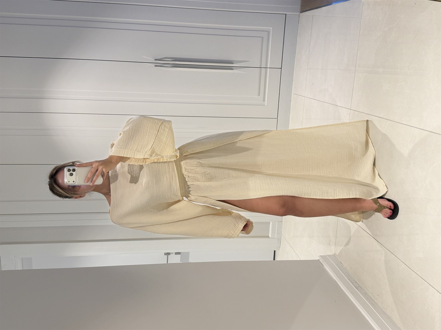 Violet Bej Müslin Kumaş Çift Yırtmaçlı Etek Crop Takım