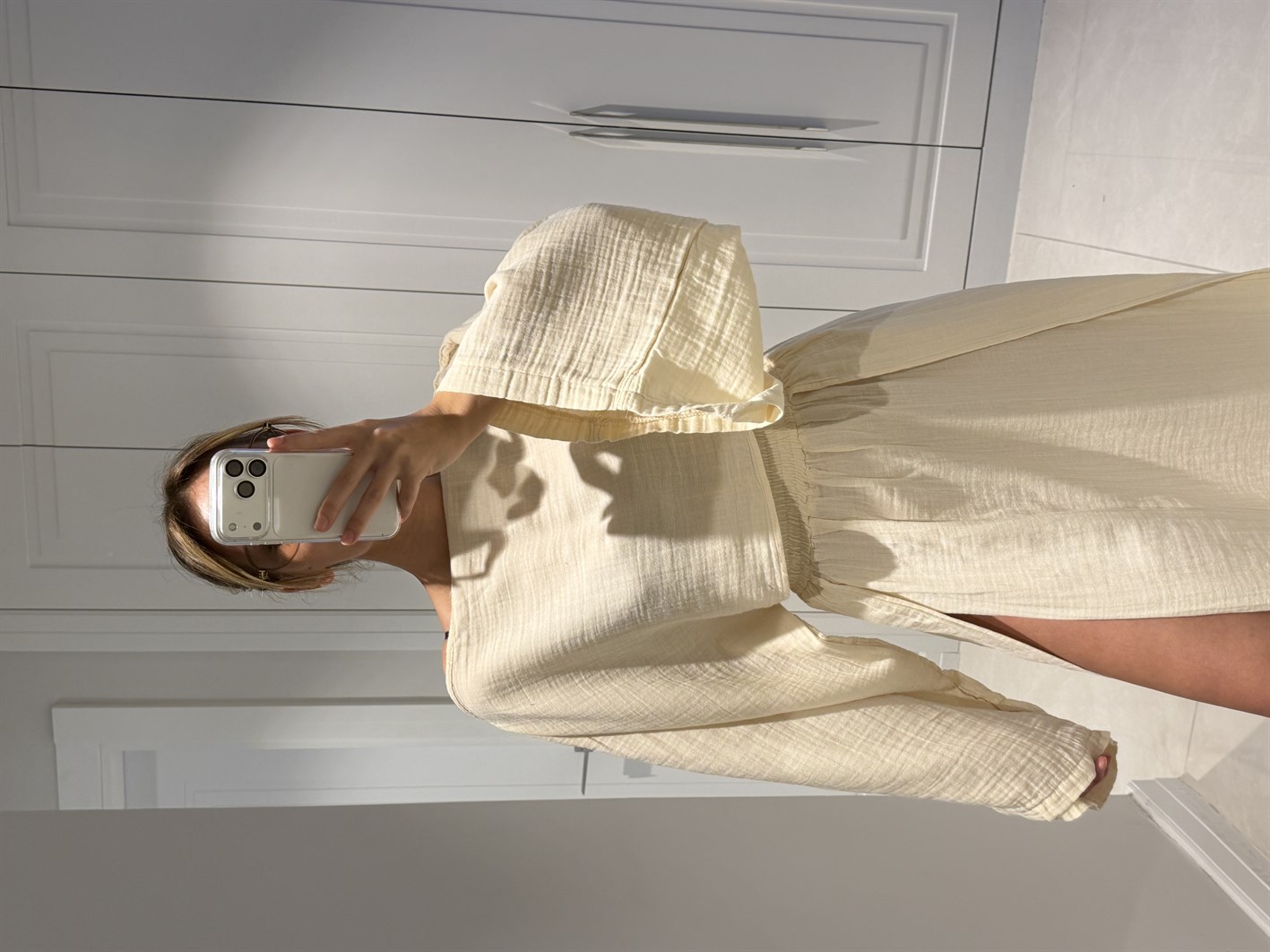 Violet Bej Müslin Kumaş Çift Yırtmaçlı Etek Crop Takım