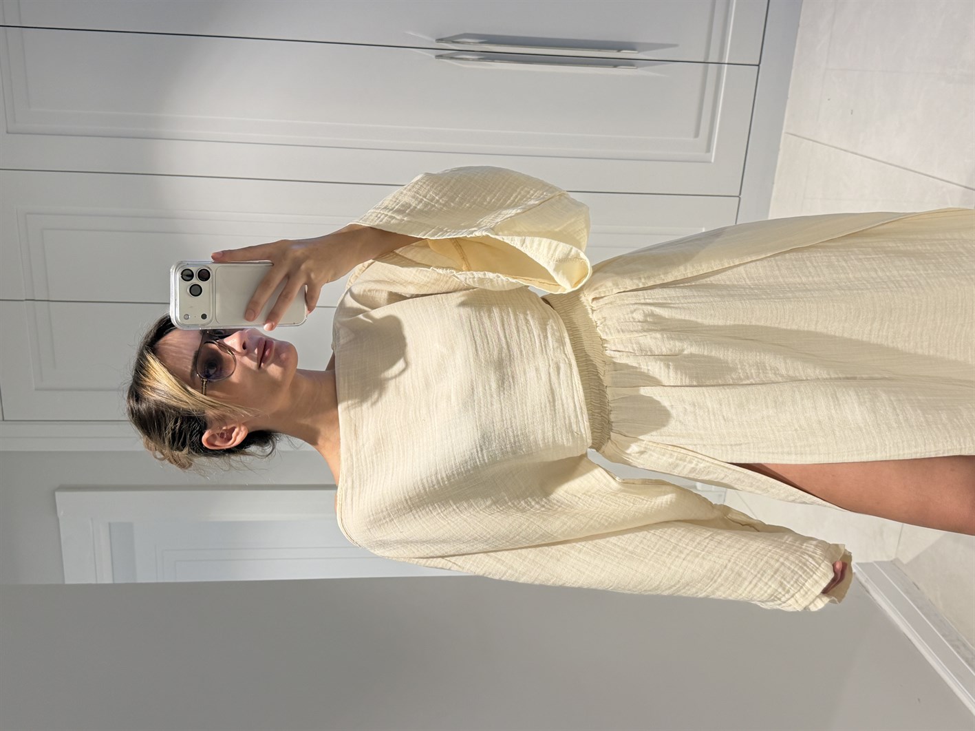 Violet Bej Müslin Kumaş Çift Yırtmaçlı Etek Crop Takım