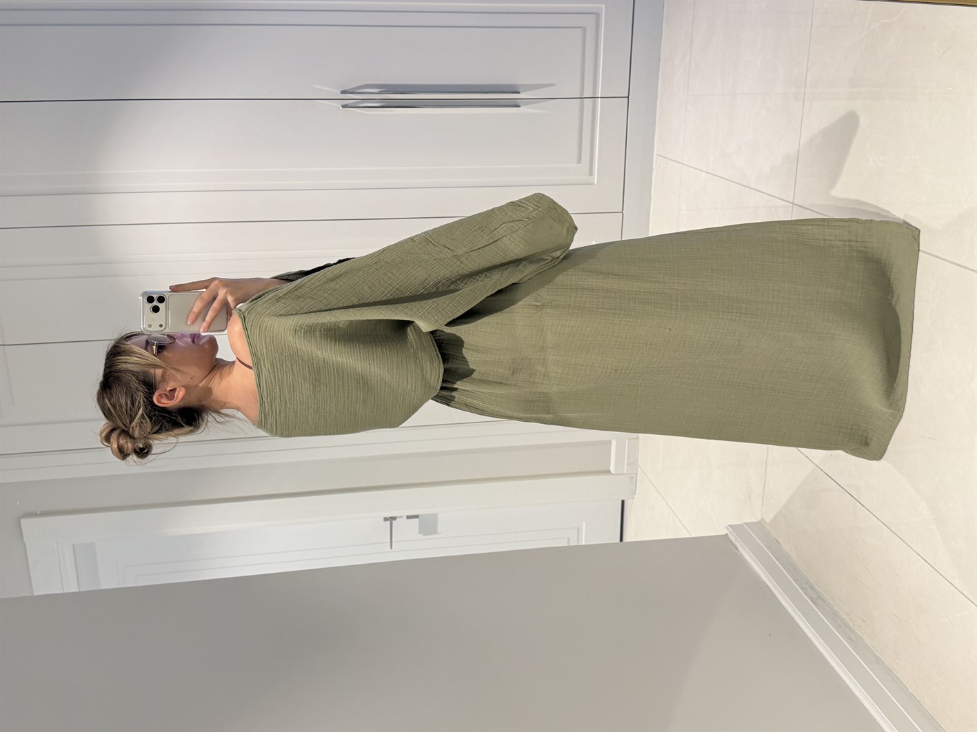 Violet Haki Müslin Kumaş Çift Yırtmaçlı Etek Crop Takım