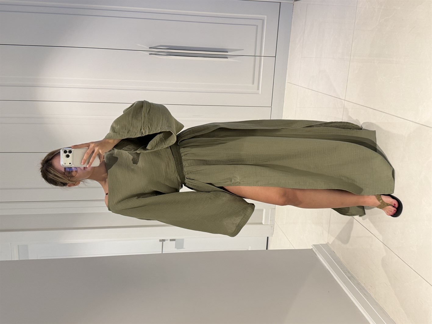 Violet Haki Müslin Kumaş Çift Yırtmaçlı Etek Crop Takım