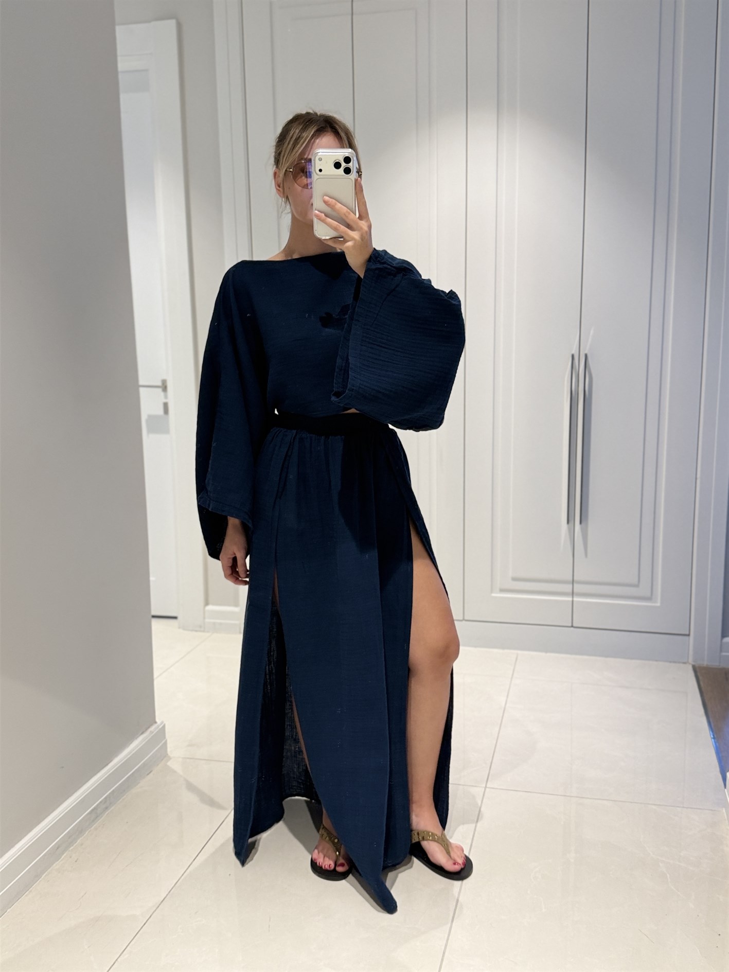 Violet Lacivert Müslin Kumaş Çift Yırtmaçlı Etek Crop Takım