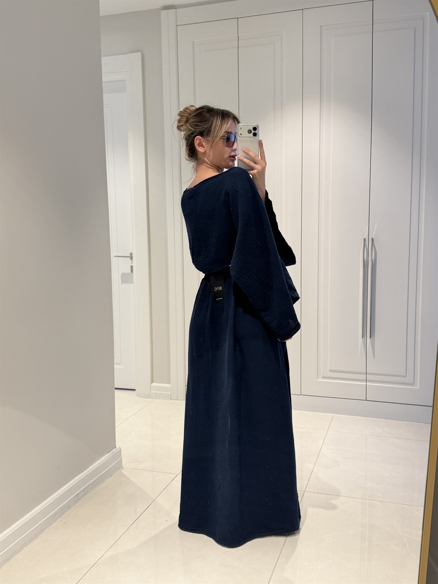 Violet Lacivert Müslin Kumaş Çift Yırtmaçlı Etek Crop Takım