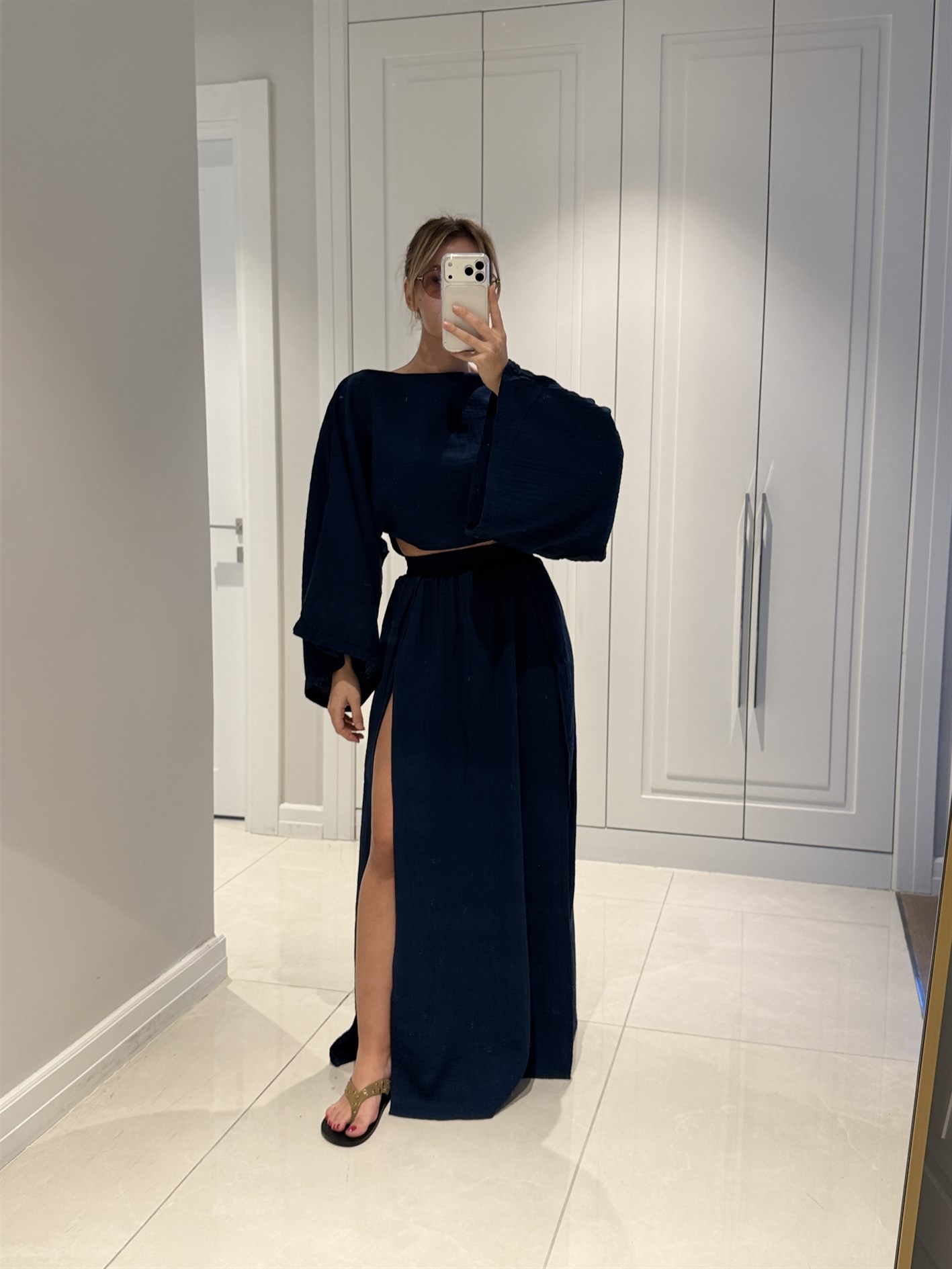 Violet Lacivert Müslin Kumaş Çift Yırtmaçlı Etek Crop Takım