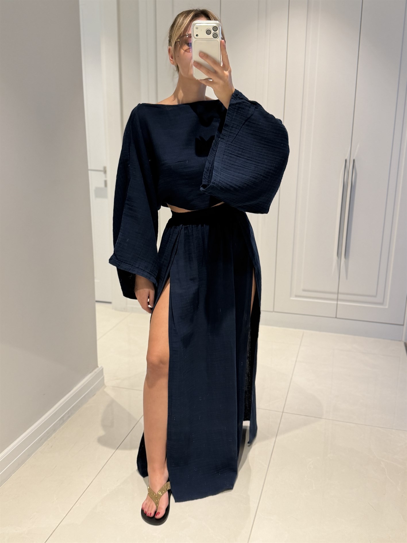 Violet Lacivert Müslin Kumaş Çift Yırtmaçlı Etek Crop Takım