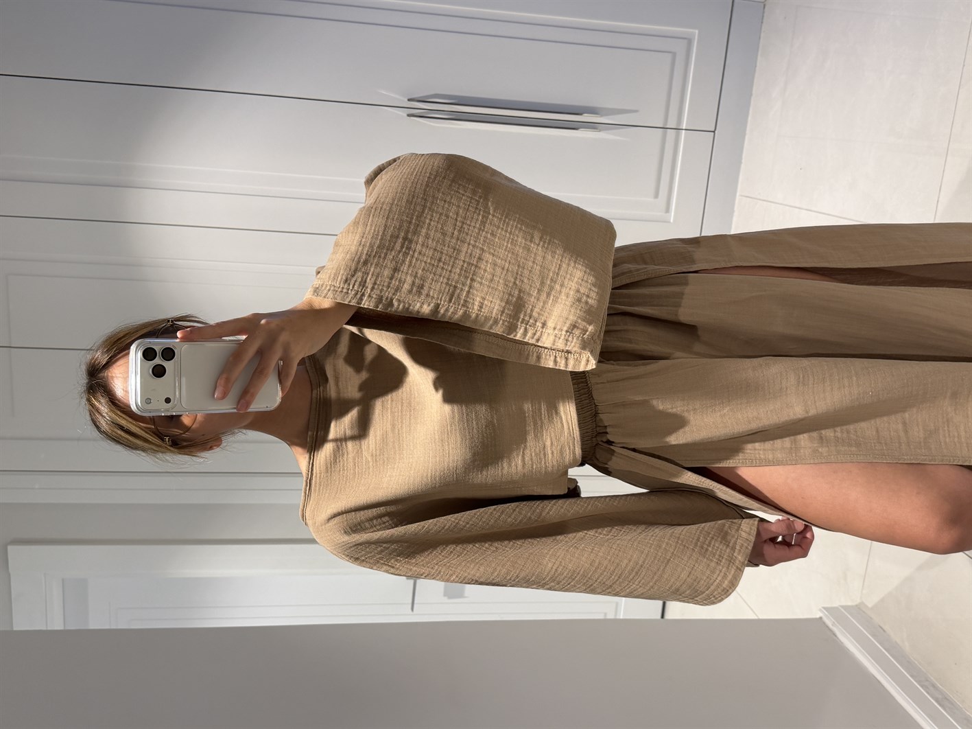 Violet Vizon Müslin Kumaş Çift Yırtmaçlı Etek Crop Takım