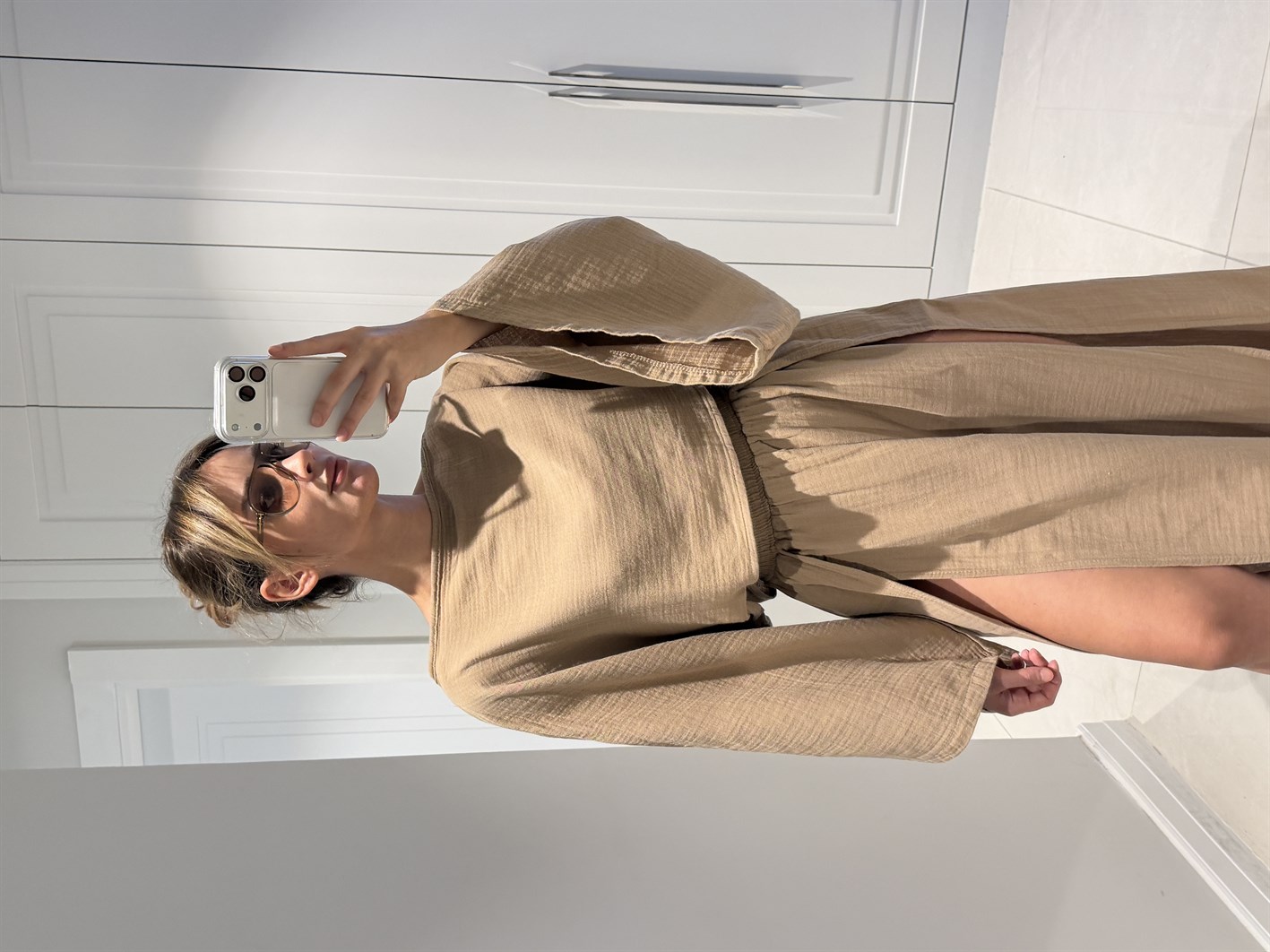 Violet Vizon Müslin Kumaş Çift Yırtmaçlı Etek Crop Takım