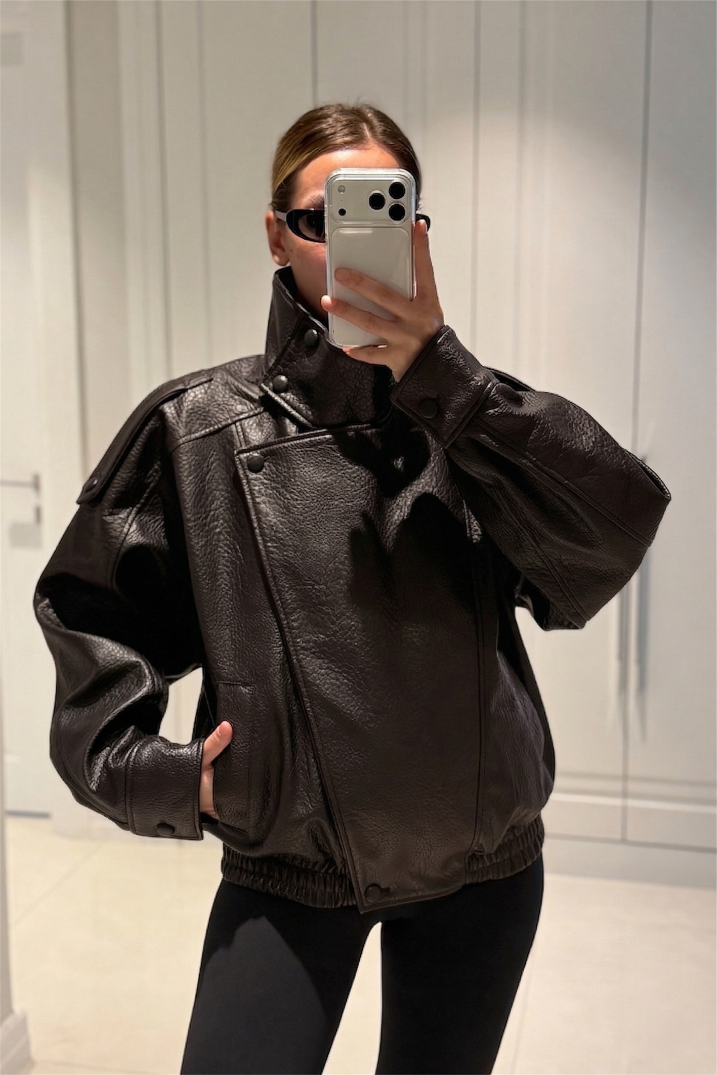 YSL Viral Oversize Dik Yaka Acı Kahve Deri Ceket