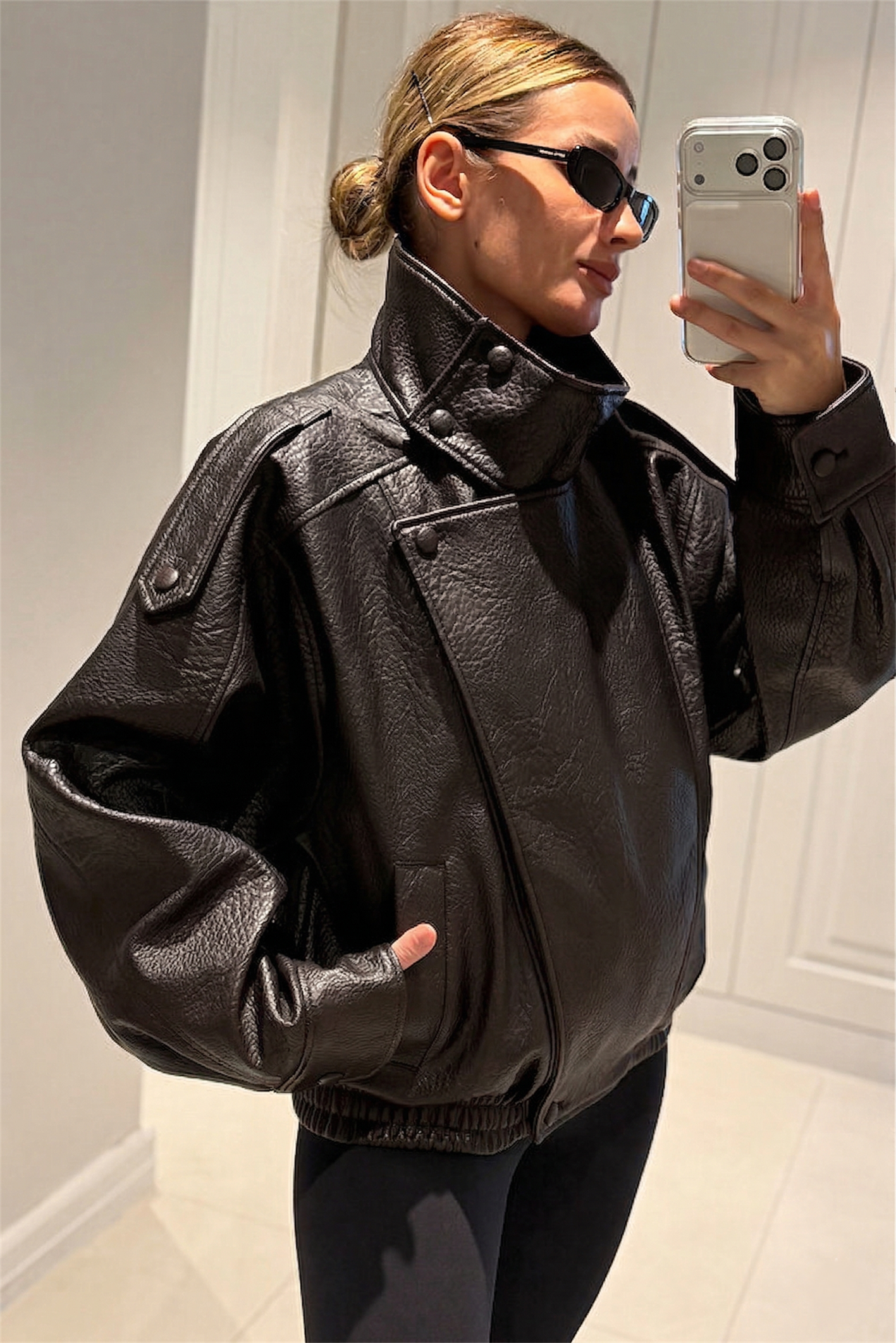 YSL Viral Oversize Dik Yaka Acı Kahve Deri Ceket