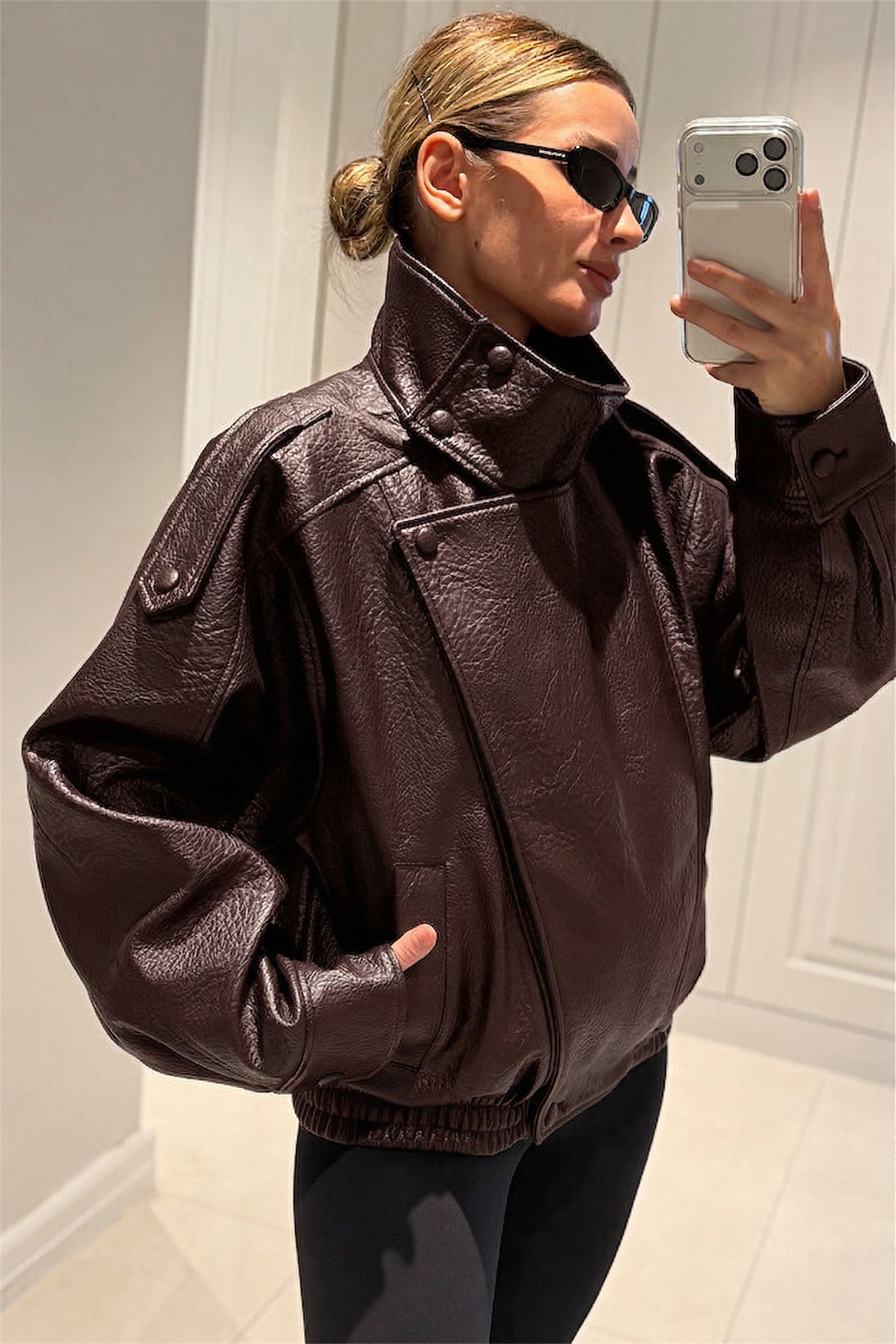YSL Viral Oversize Dik Yaka Bordo Deri Ceket