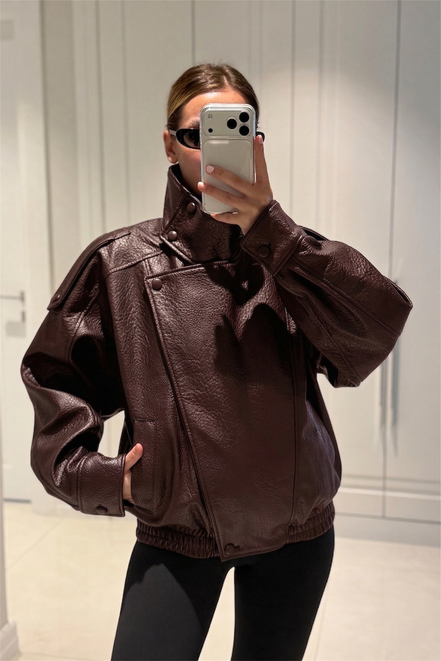 YSL Viral Oversize Dik Yaka Bordo Deri Ceket