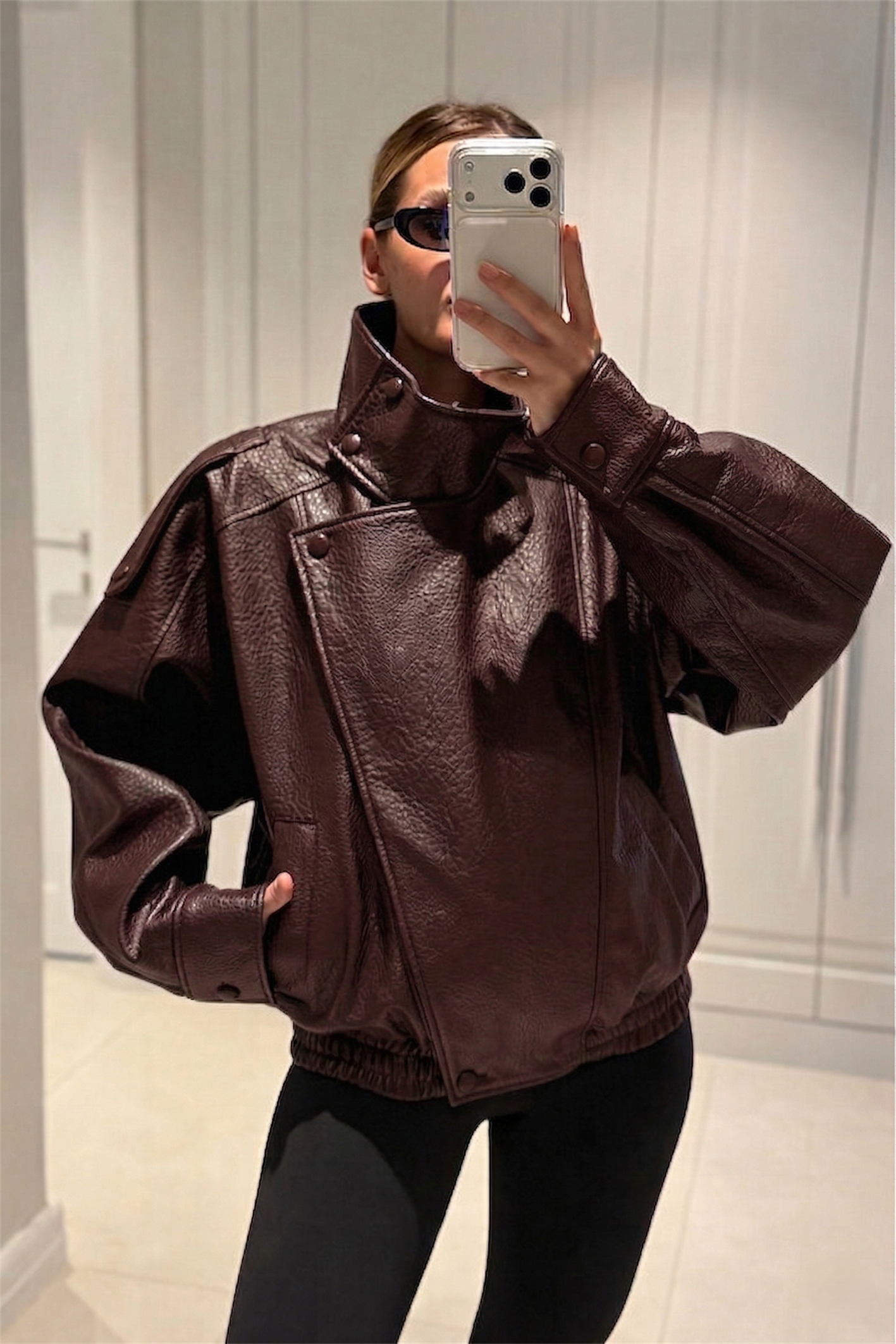 YSL Viral Oversize Dik Yaka Bordo Deri Ceket