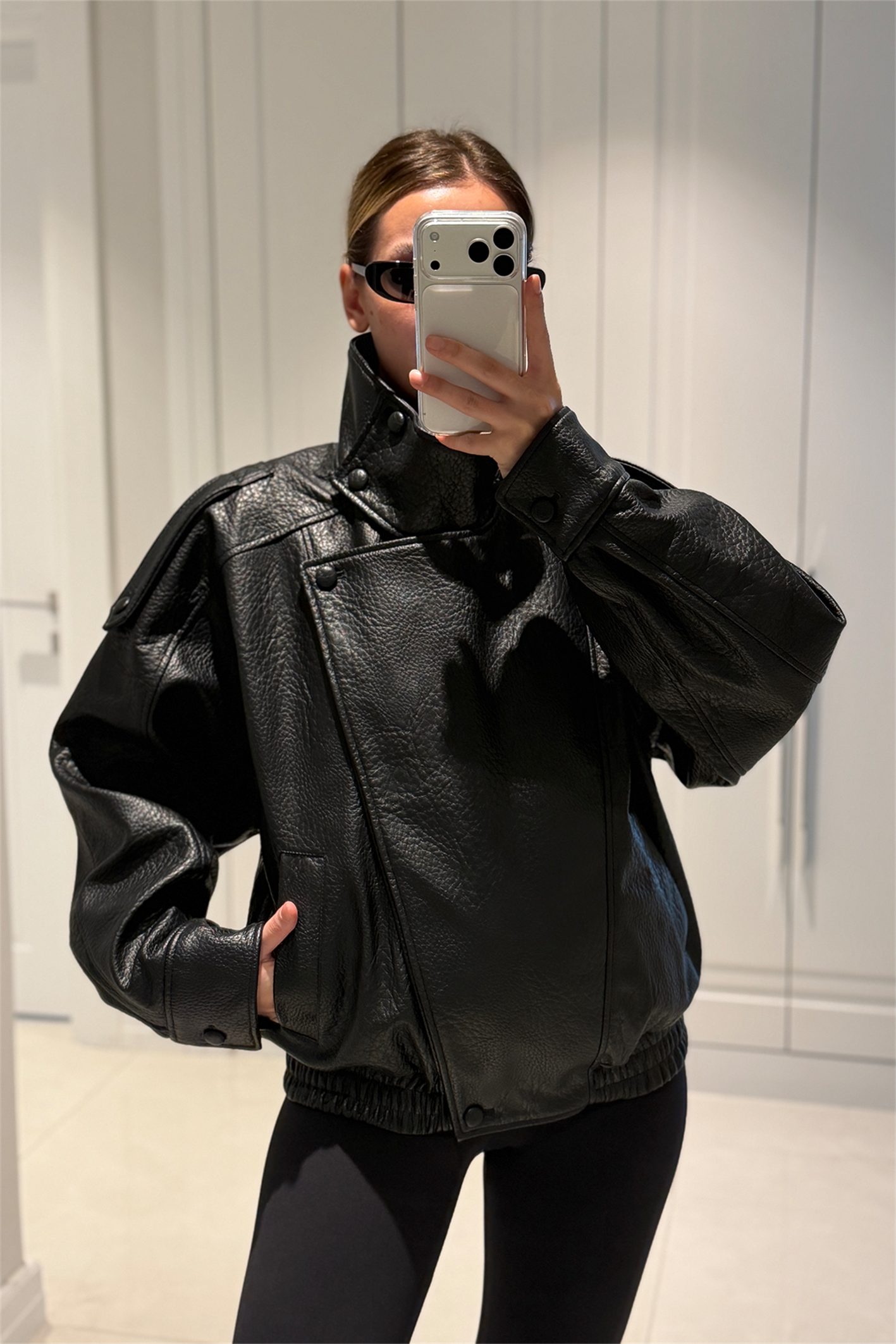 YSL Viral Oversize Dik Yaka Siyah Deri Ceket