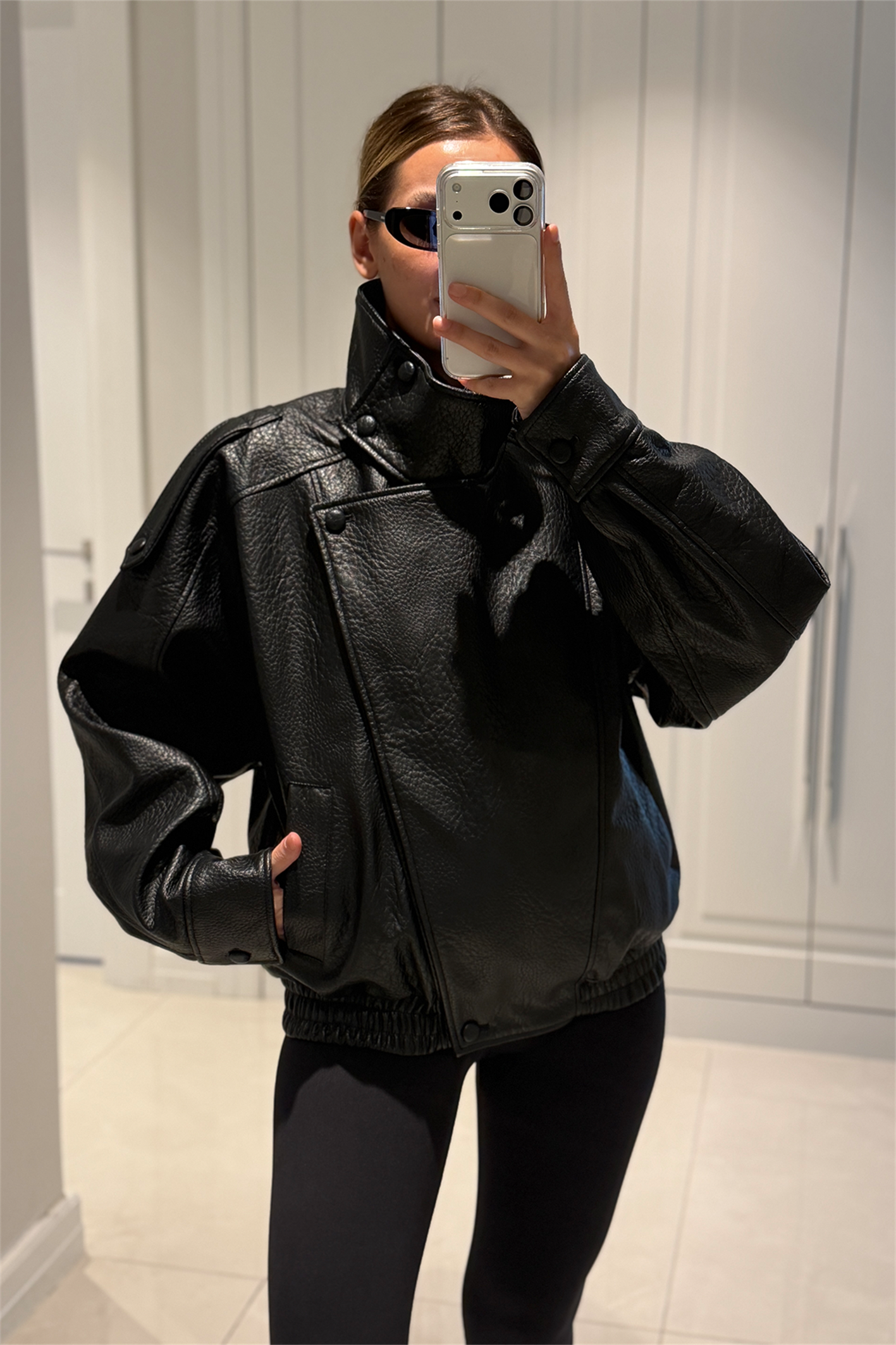 YSL Viral Oversize Dik Yaka Siyah Deri Ceket