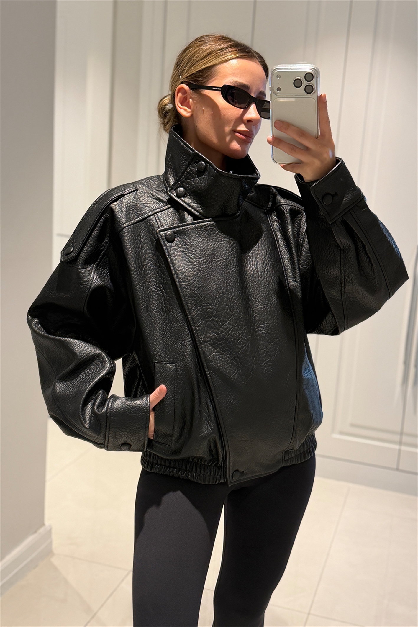 YSL Viral Oversize Dik Yaka Siyah Deri Ceket