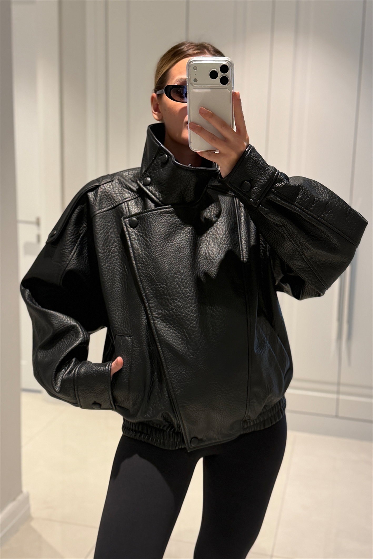 YSL Viral Oversize Dik Yaka Siyah Deri Ceket