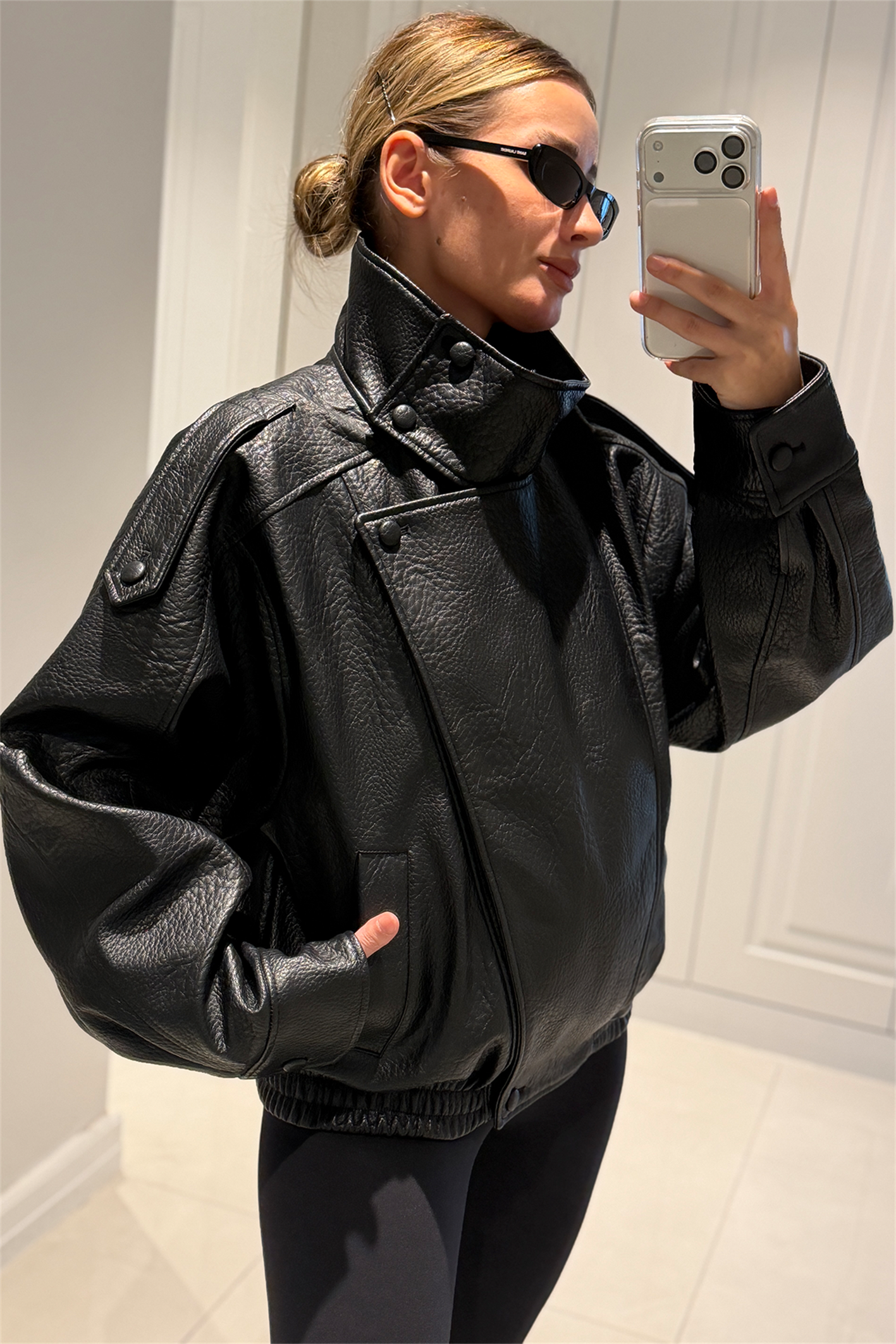 YSL Viral Oversize Dik Yaka Siyah Deri Ceket