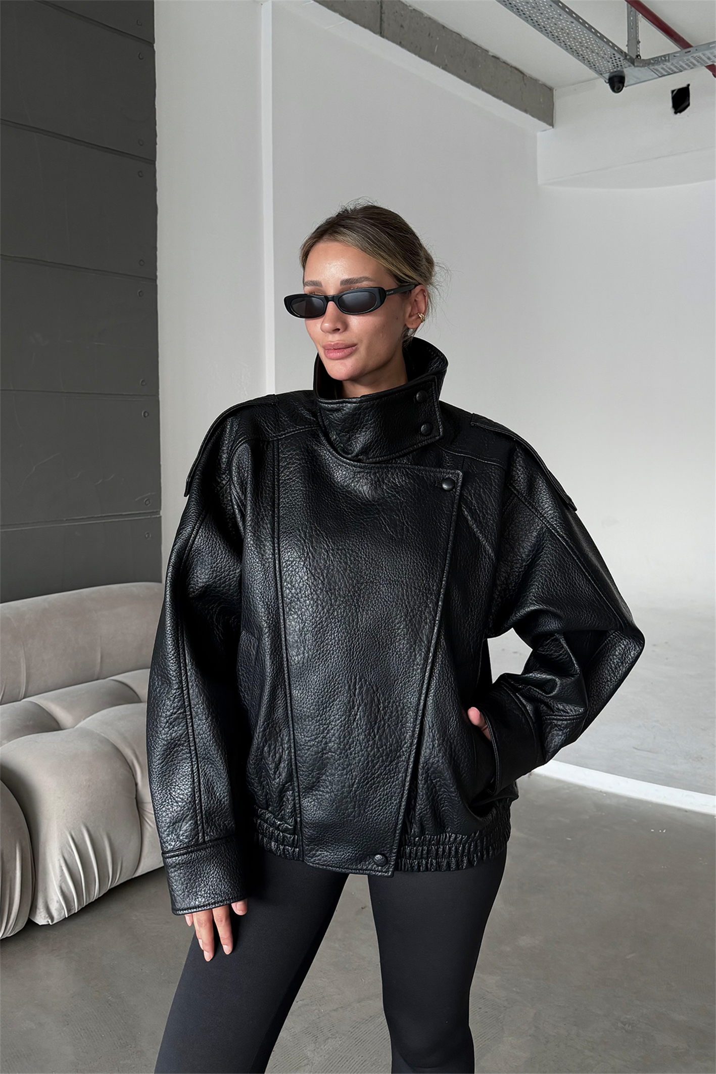 YSL Viral Oversize Dik Yaka Siyah Deri Ceket