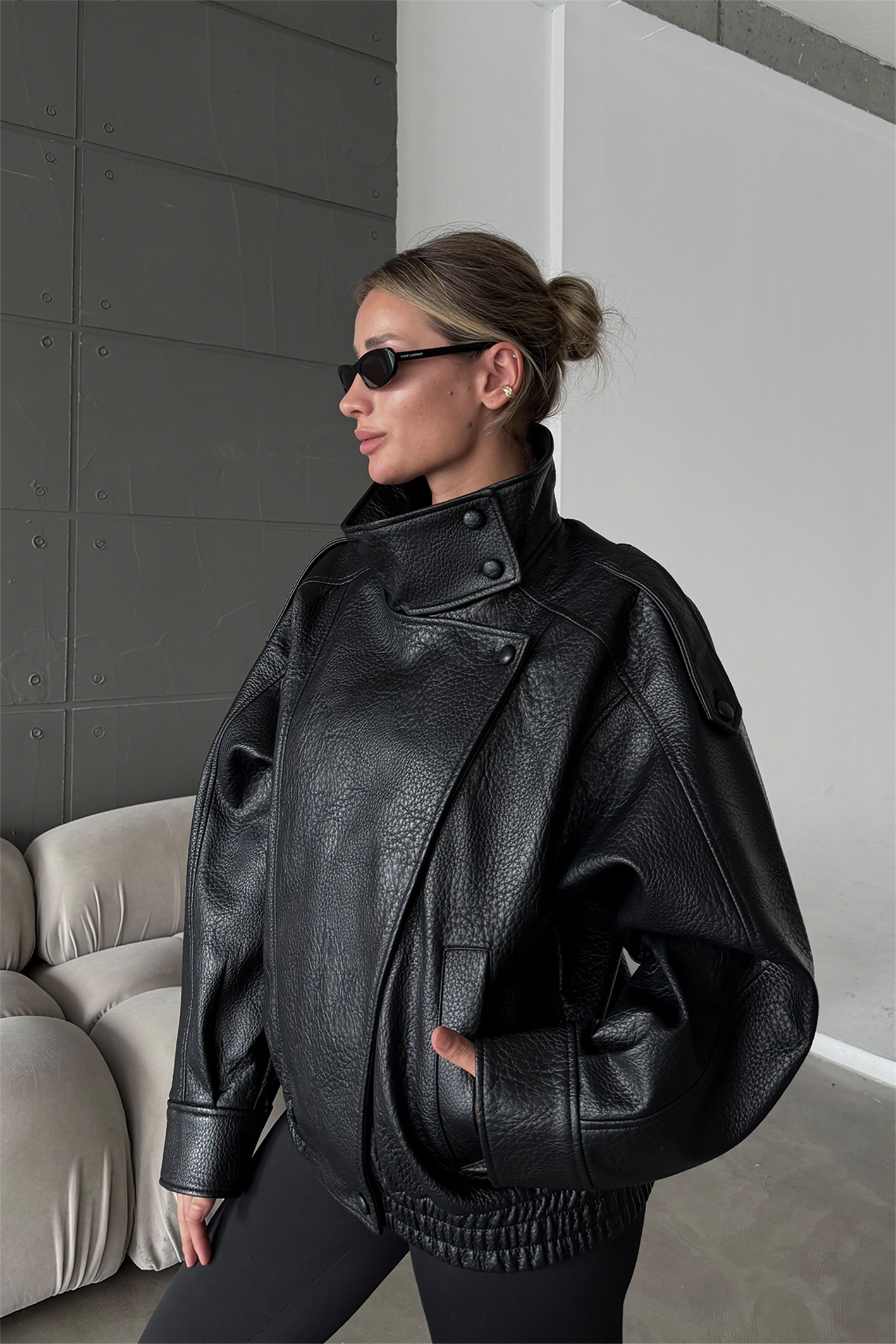 YSL Viral Oversize Dik Yaka Siyah Deri Ceket