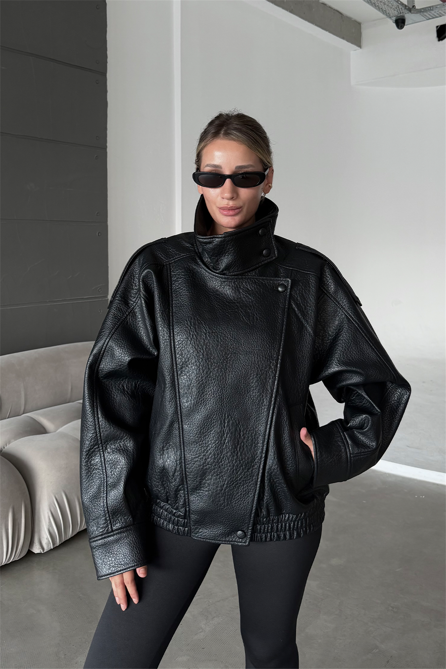 YSL Viral Oversize Dik Yaka Siyah Deri Ceket