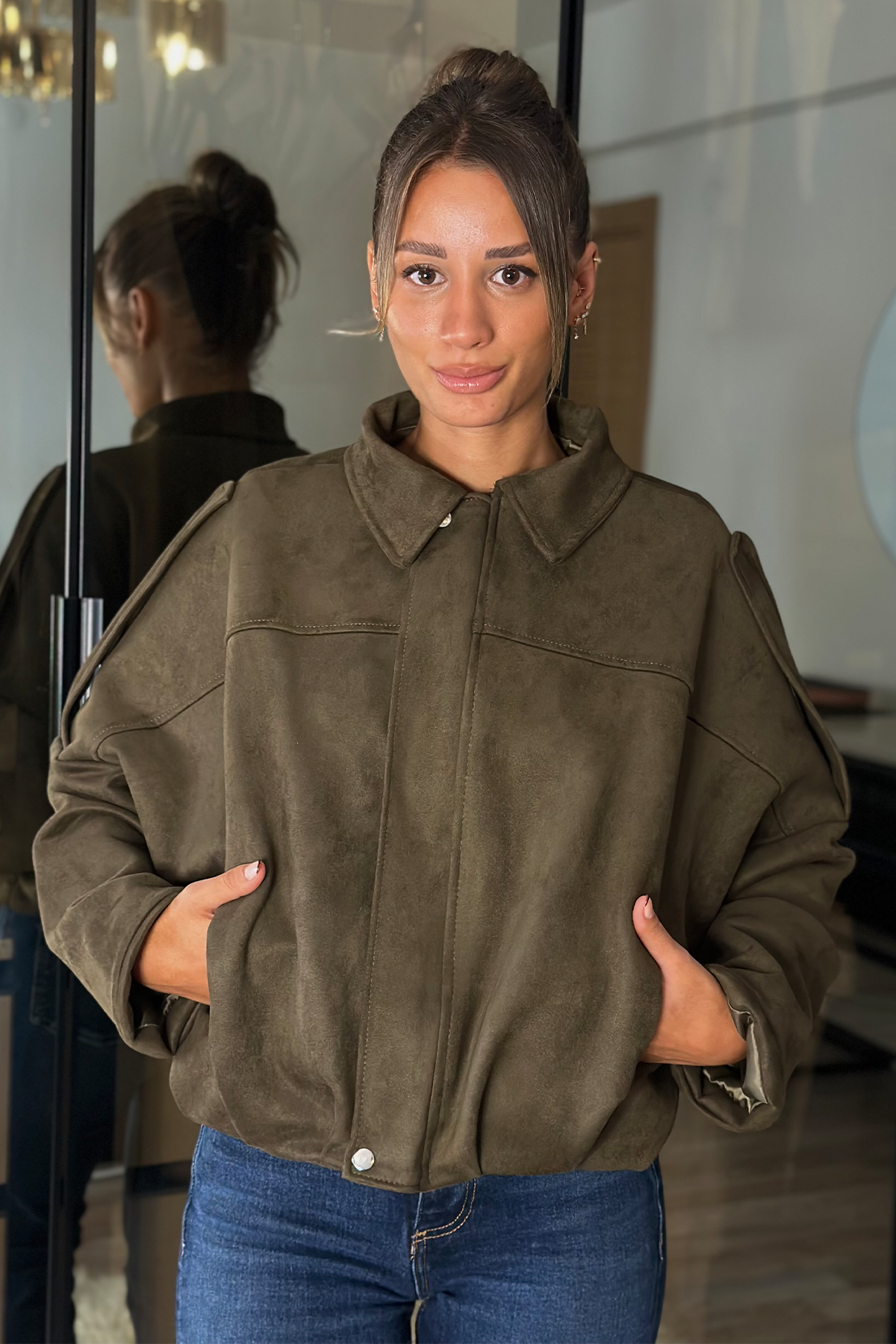 Alice Oversize Haki Bomber Viral Süet Ceket